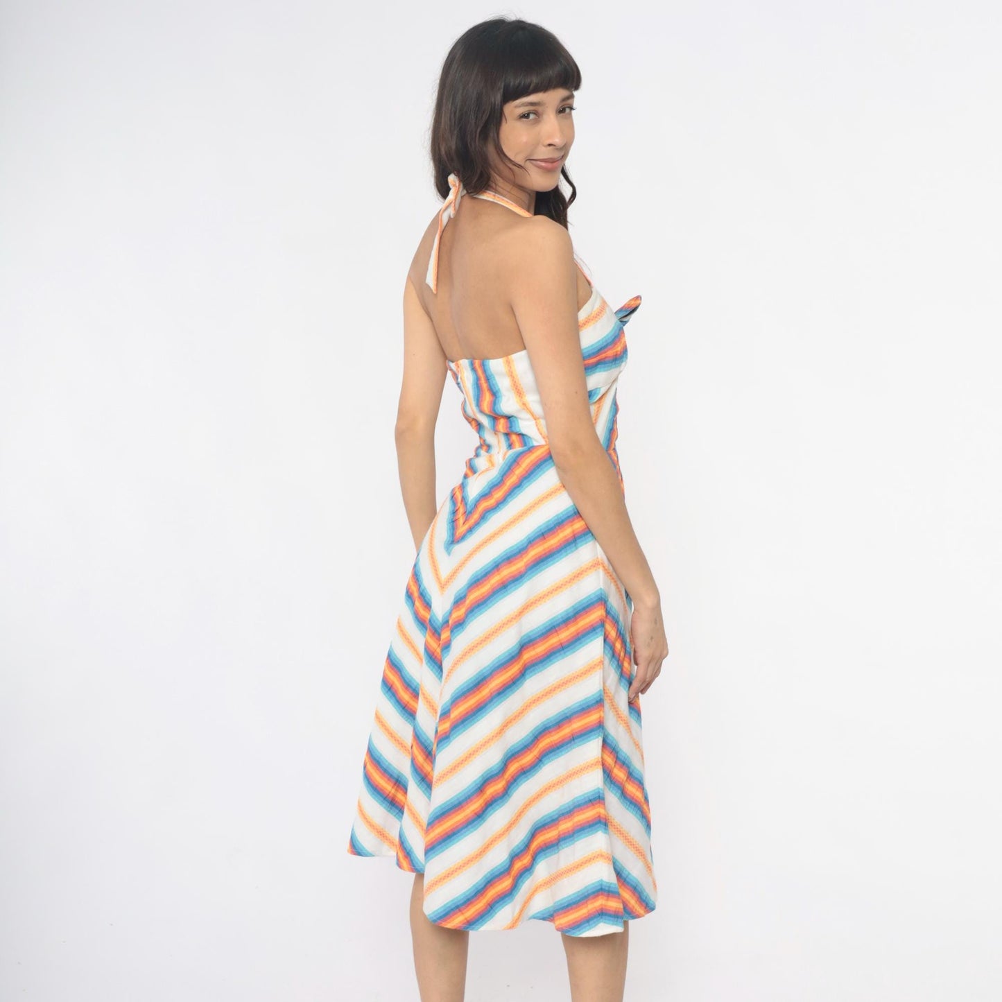 70s Rainbow Chevron Halter Dress Cutout Tie Front Cotton Small