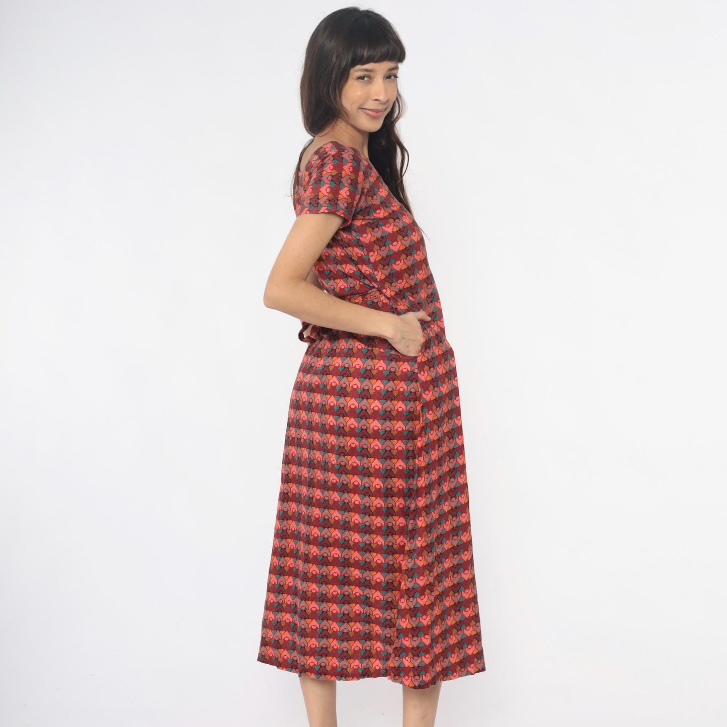 80s Southwestern Geometric Maxi Dress Tie Waist Cotton Multicolor Small