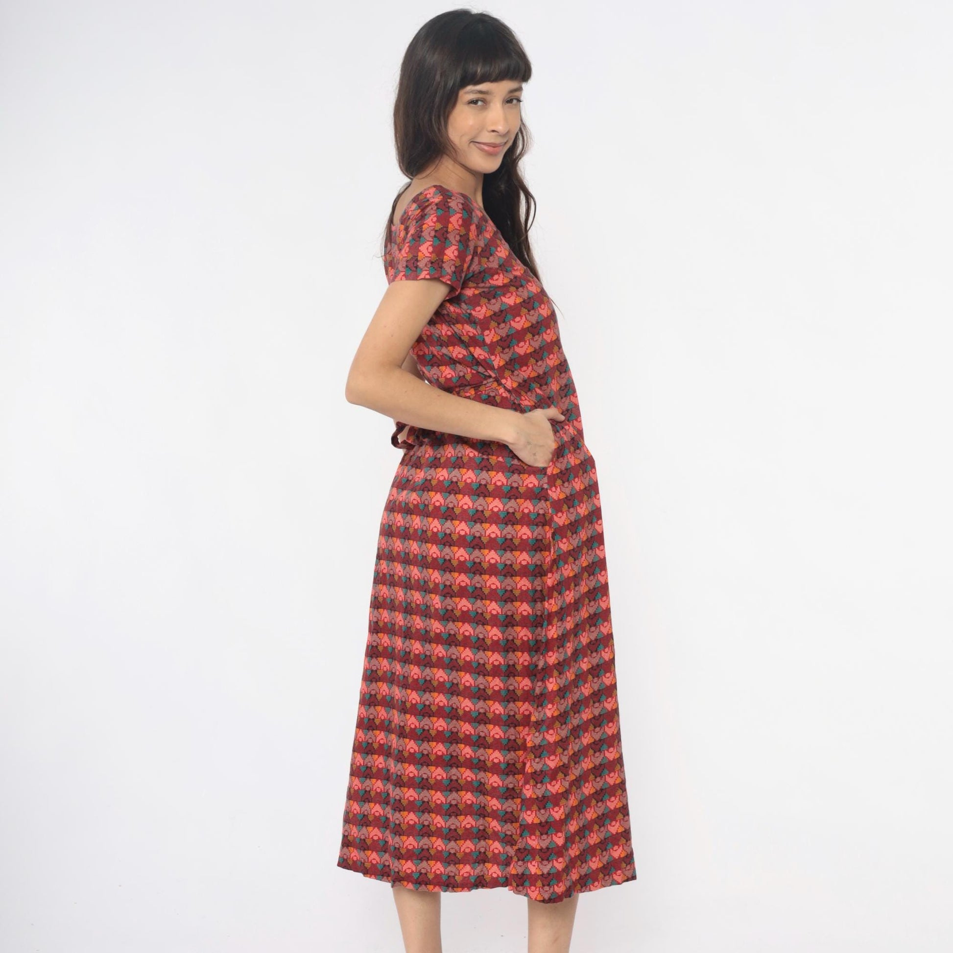 80s Southwestern Geometric Maxi Dress Tie Waist Cotton Multicolor Small