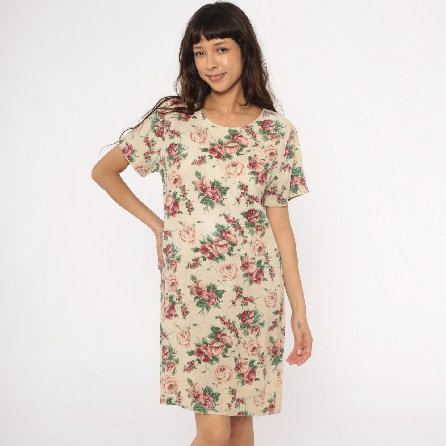 80s Floral Hawaiian Dress Linen Blend Cream Pink Tapestry Print Shift Medium