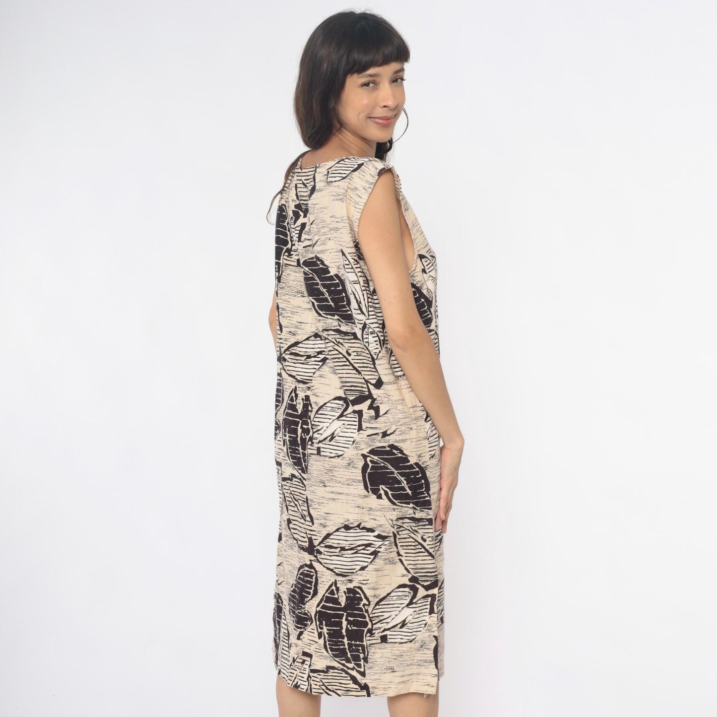 70s Leaf Print Shift Dress Cream Black Botanical Sleeveless Large