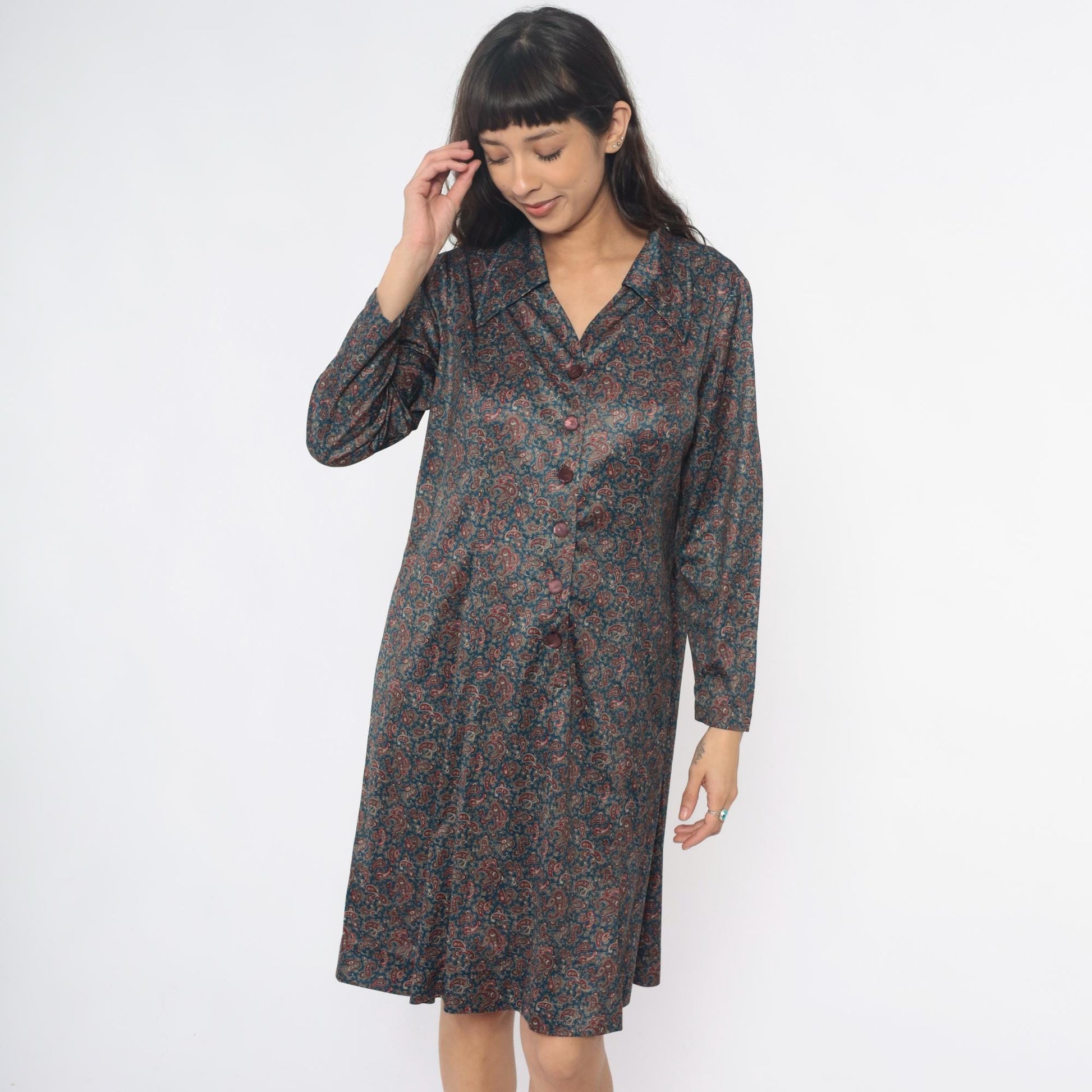 70s Paisley Shirt Dress Collared Button Front Long Sleeve Blue Large L