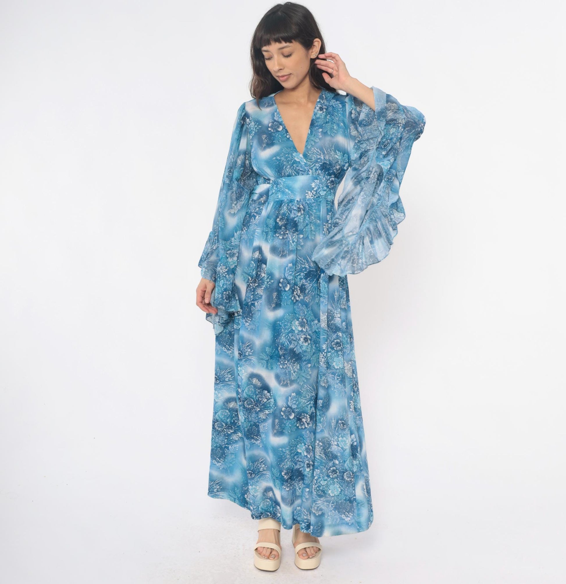 70s Blue Floral Angel Sleeve Maxi Dress Wrap Bodice Small Medium
