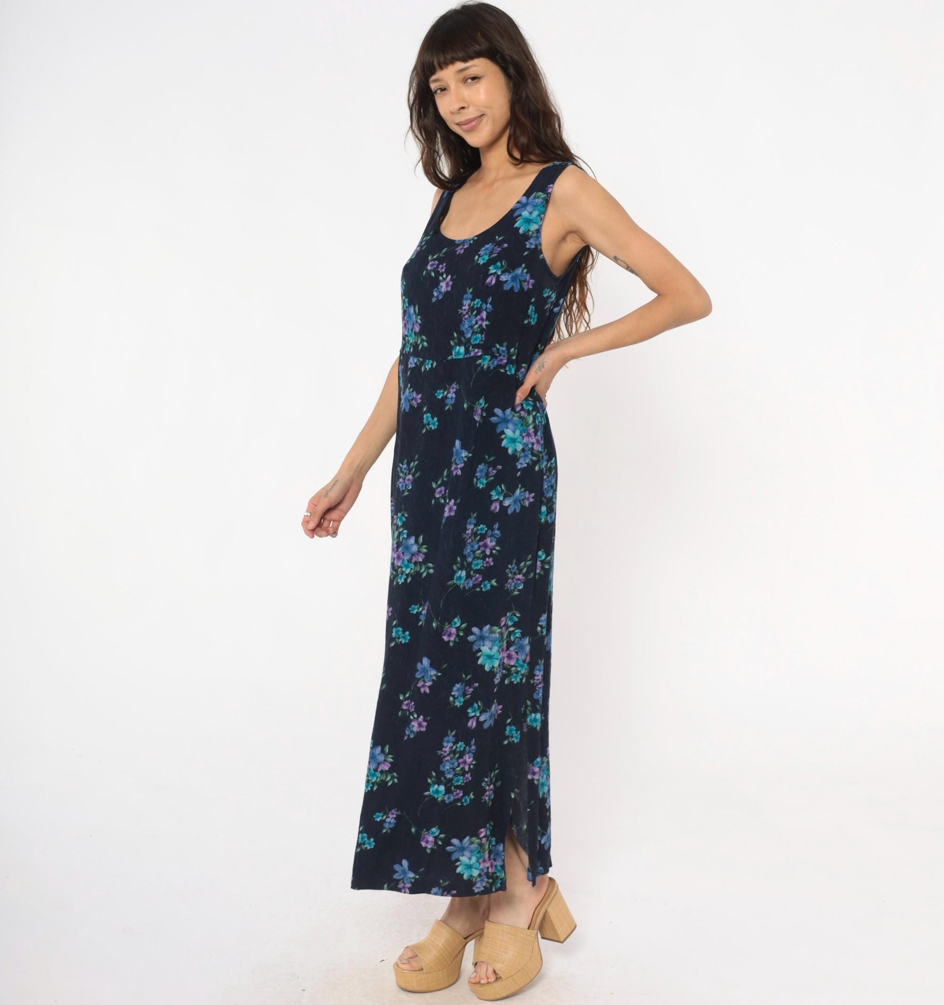 90s Karin Stevens Floral Maxi Dress Dark Blue Purple Sleeveless Tank Large
