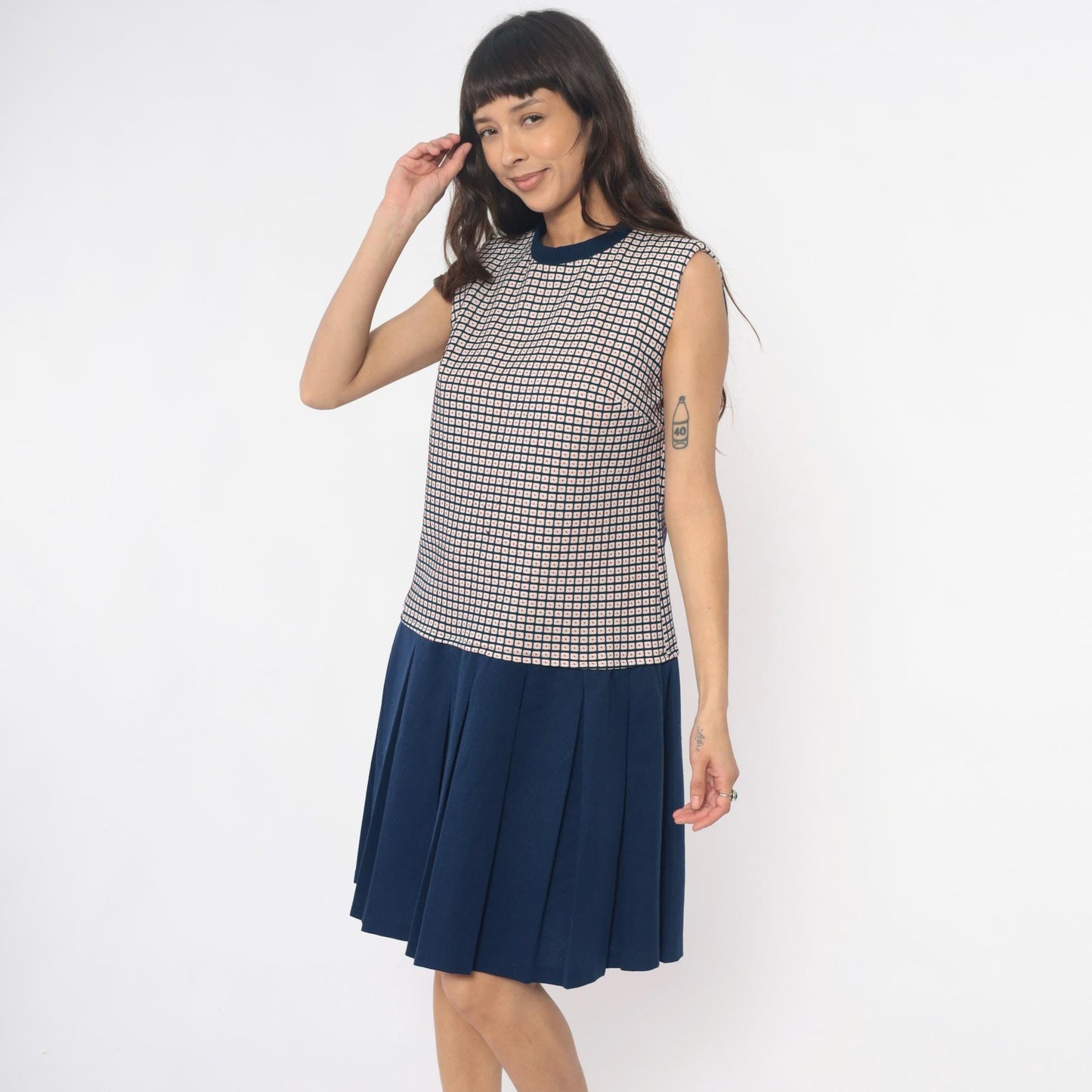 70s Navy Checkered Colorblock Dress Pleated Skirt Sleeveless Large L