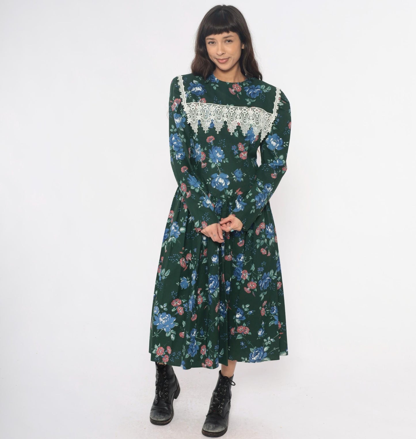 80s Jessica McClintock Gunne Sax Forest Green Floral Midi Dress Crochet Lace Medium M