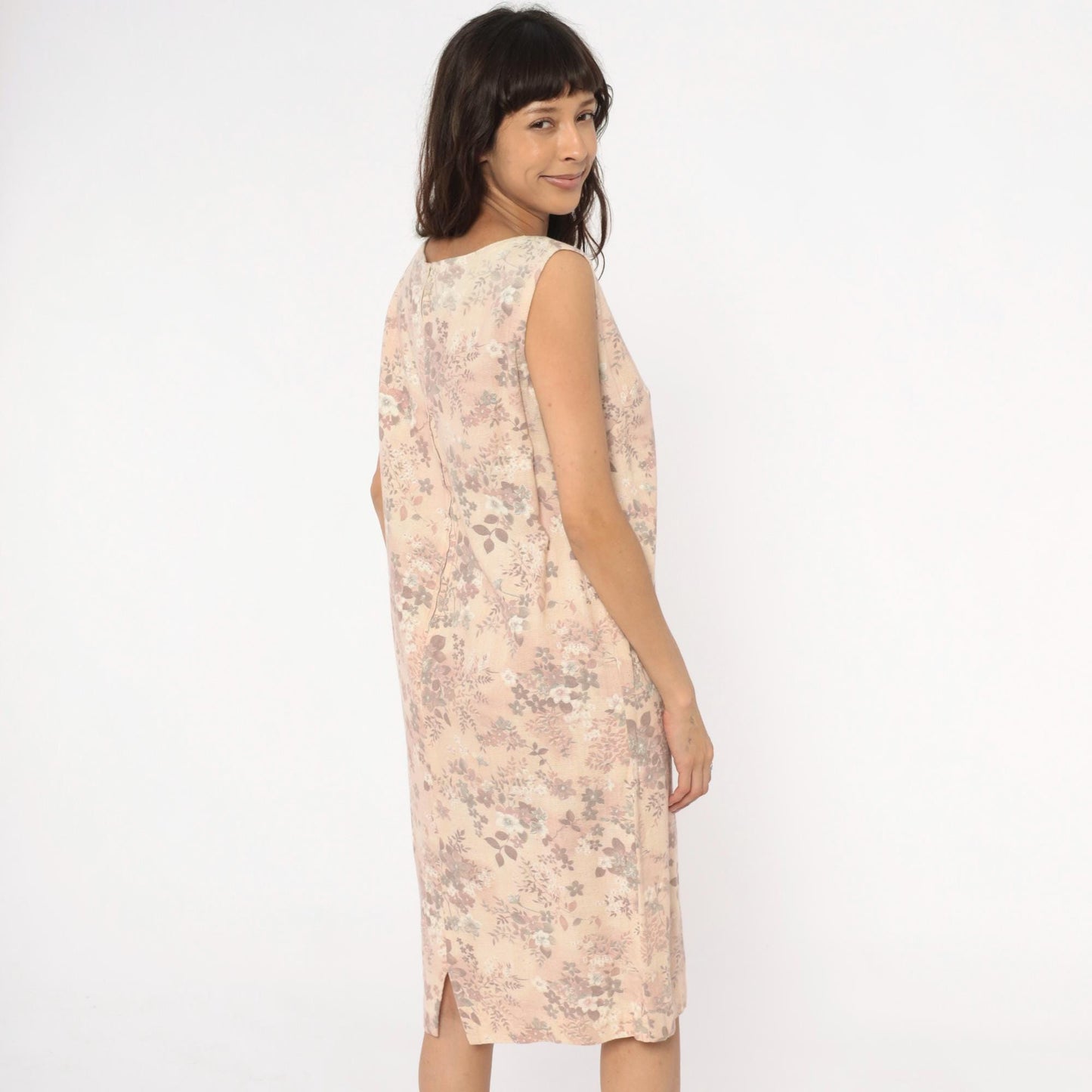 60s Floral Shift Dress Sleeveless Cream Pink Mauve Cotton Medium M