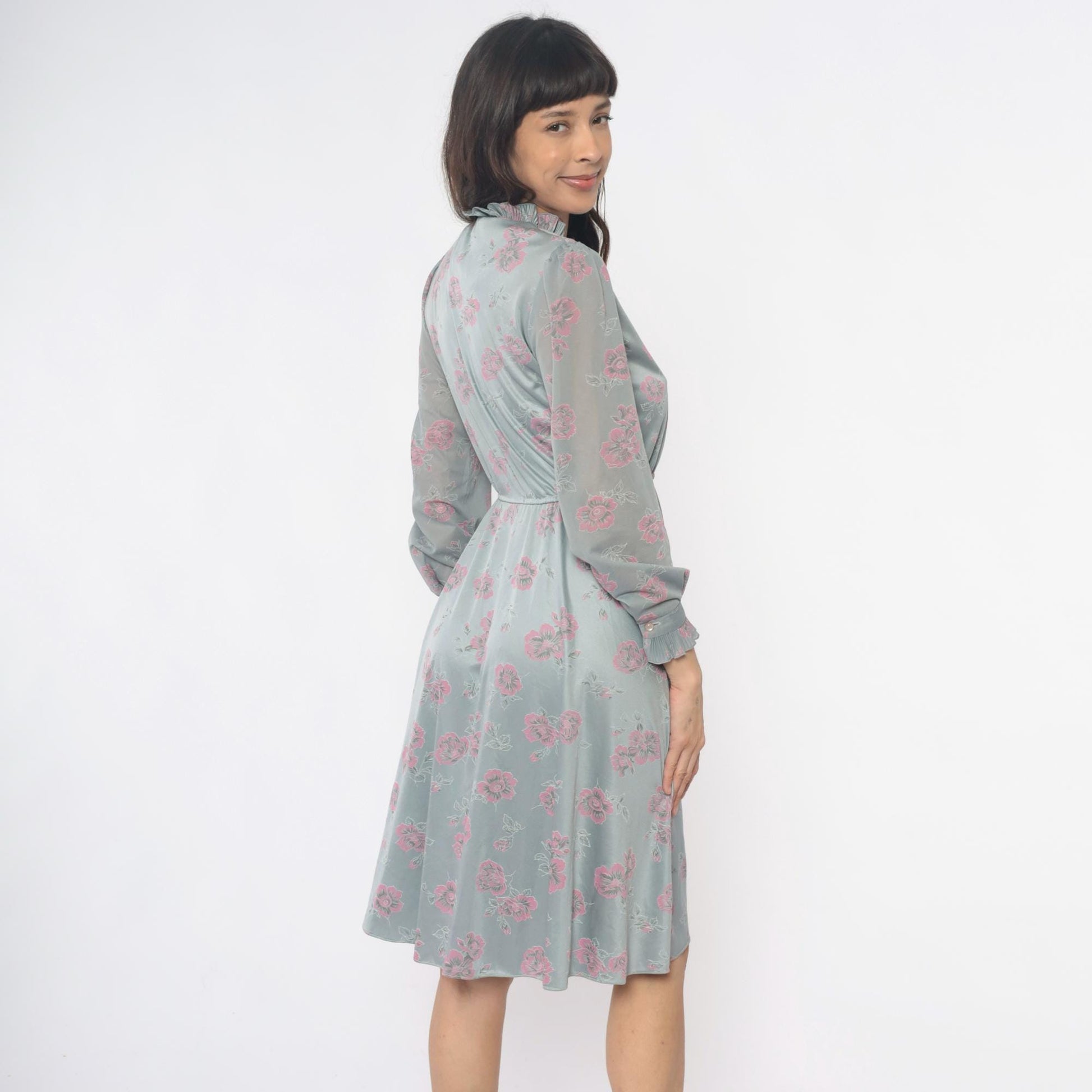 70s Floral Dress Silver Pink Long Sleeve Ruffle V-Neck Pleated Midi Small
