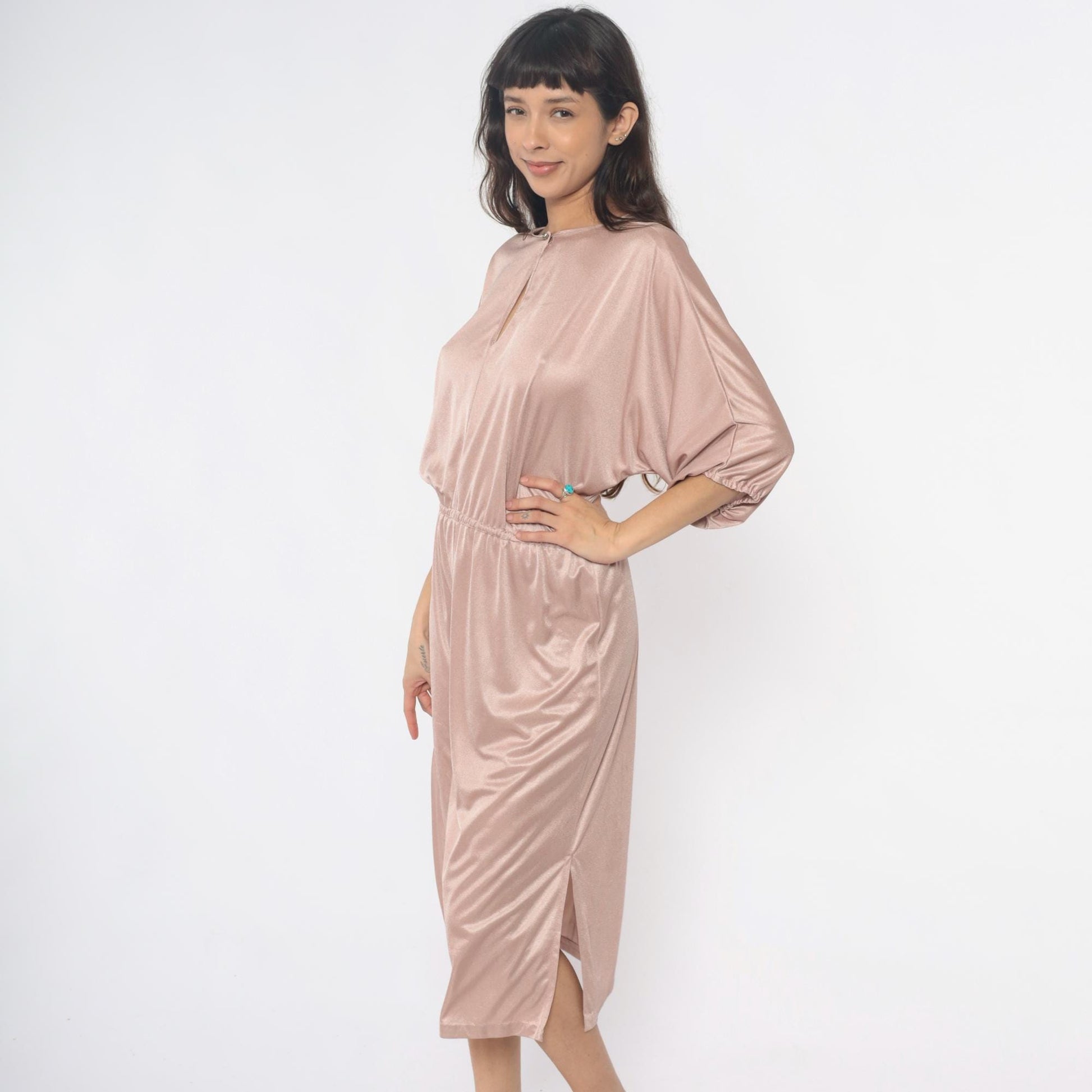 70s Blush Pink Satin Midi Dress Dolman Sleeve Keyhole Back Medium