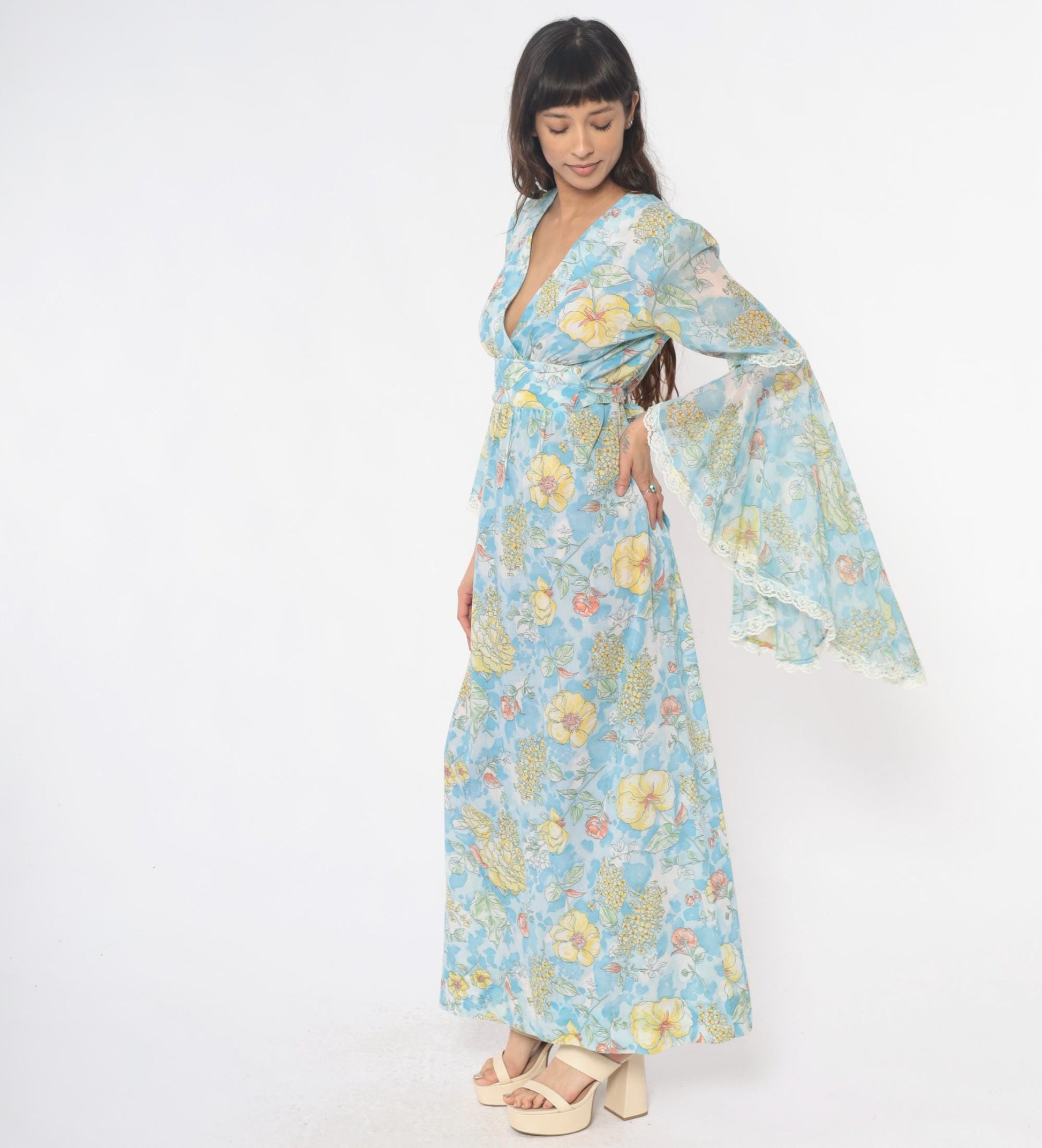70s Light Blue Floral Maxi Dress Bell Sleeve Wrap Tie Waist Lace Trim Small Medium