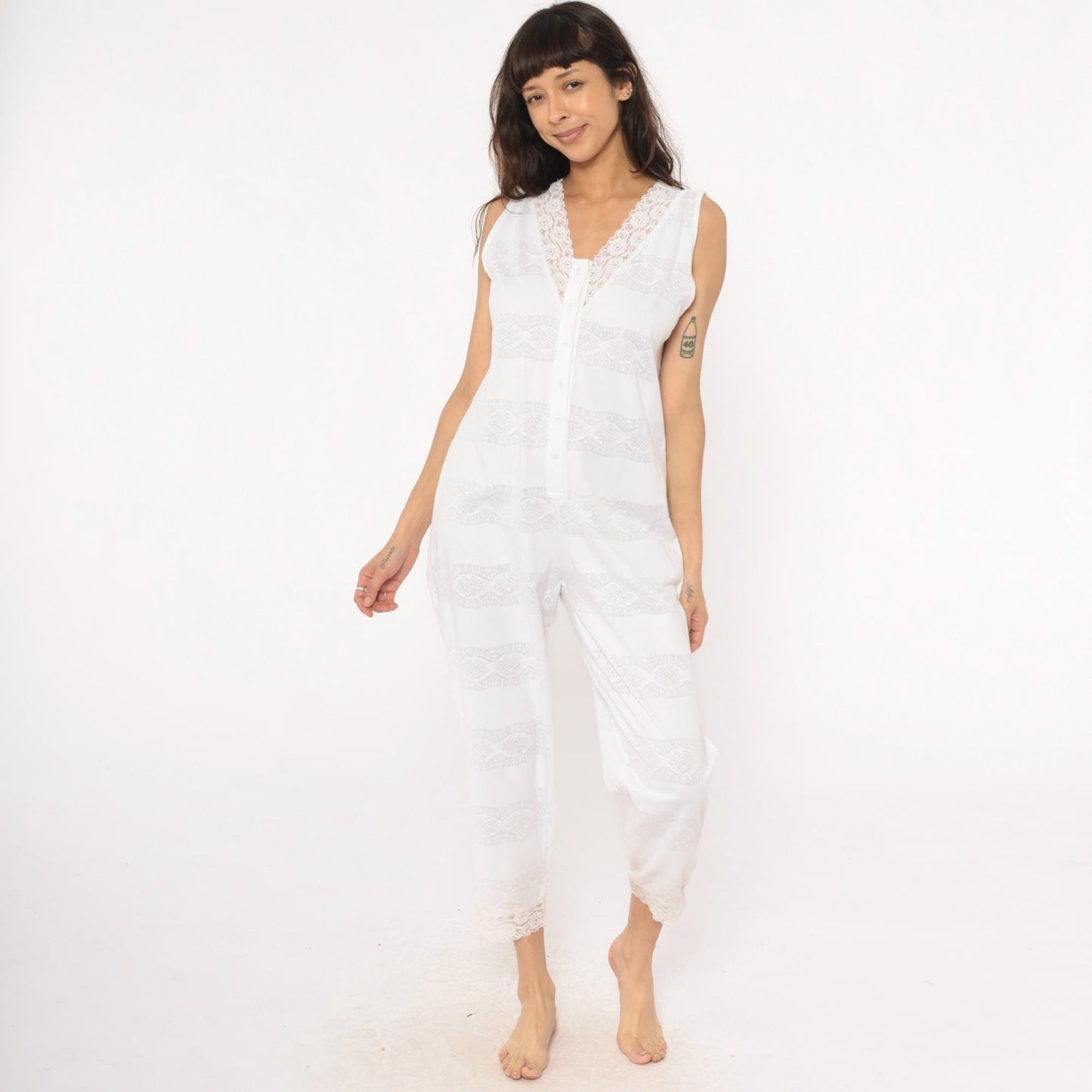 90s Candies White Lace Sleeveless Jumpsuit Cropped Ankle Cotton Medium M