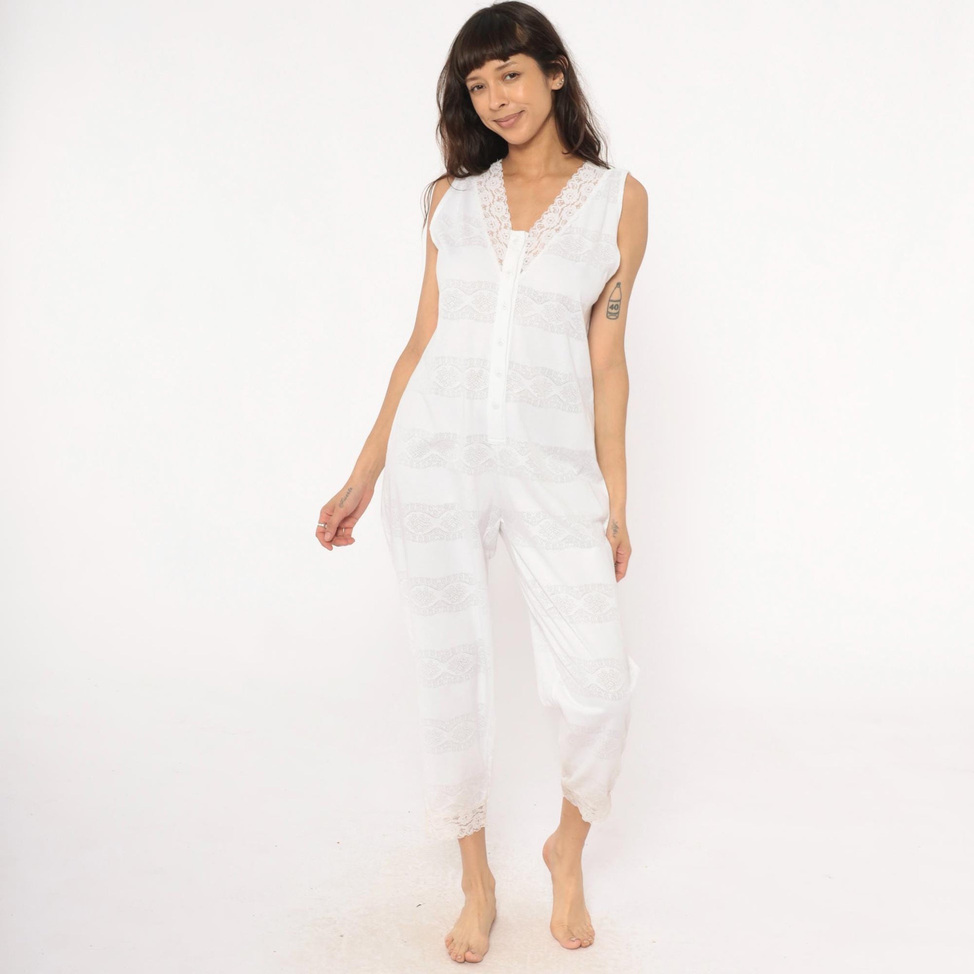90s Candies White Lace Sleeveless Jumpsuit Cropped Ankle Cotton Medium M