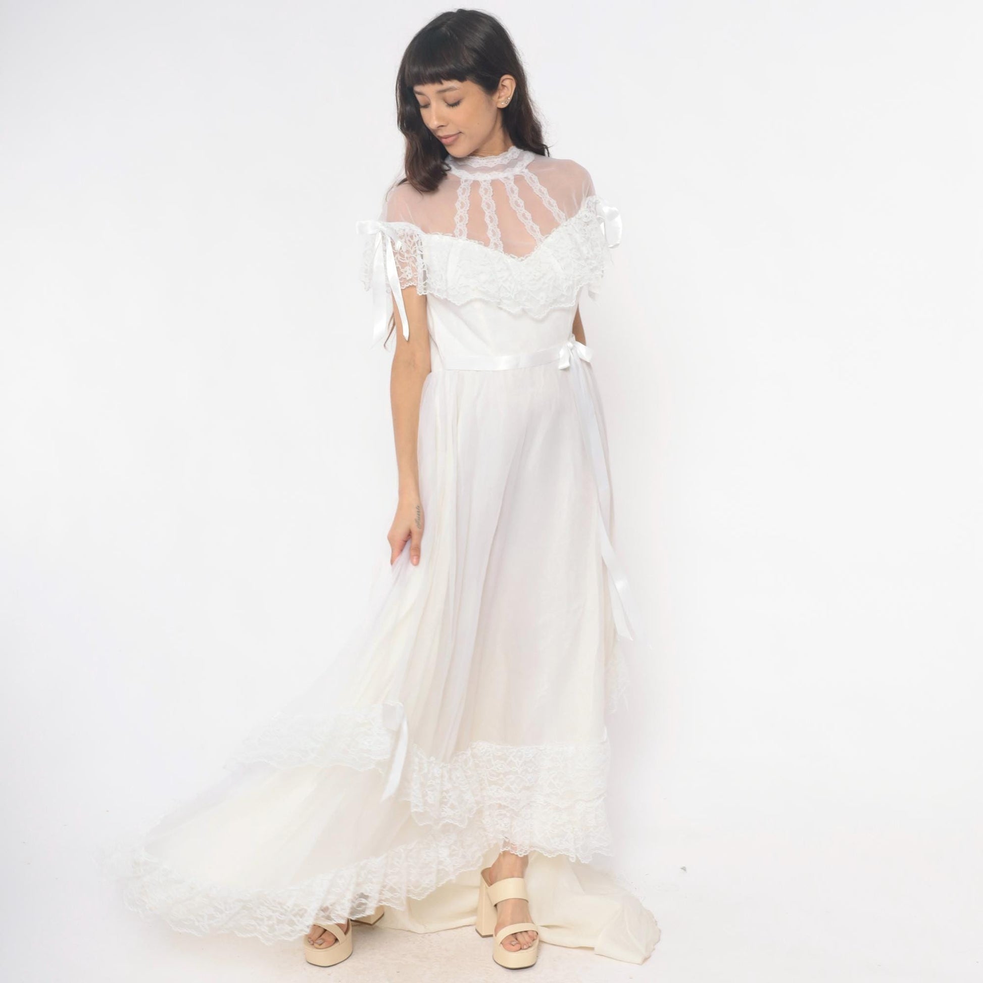 80s White Lace Maxi Nightgown Sheer High Neck Satin Ribbon Medium