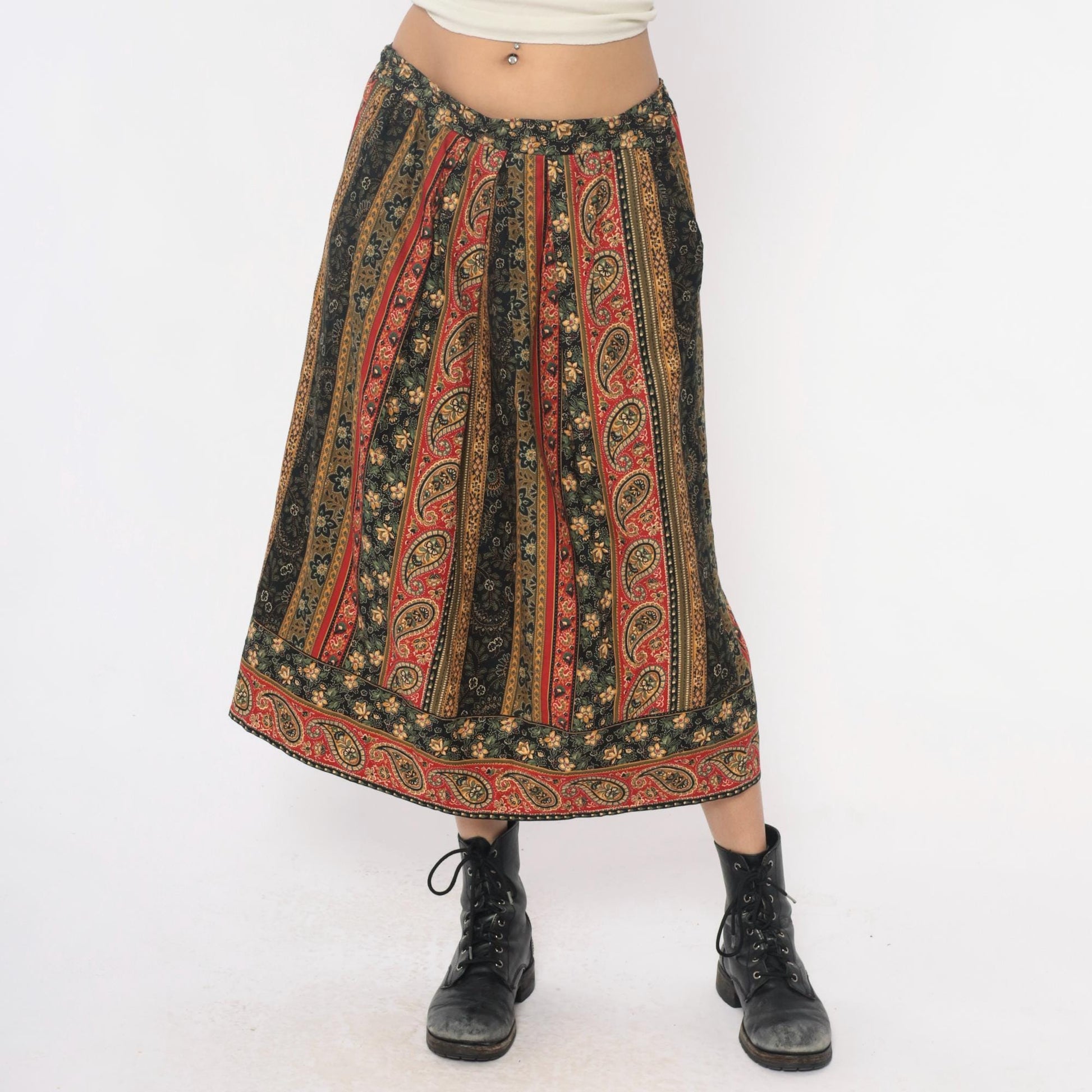 90s Suttles an Seawinds Midi Skirt Paisley Floral Stripe Elastic Waist Large