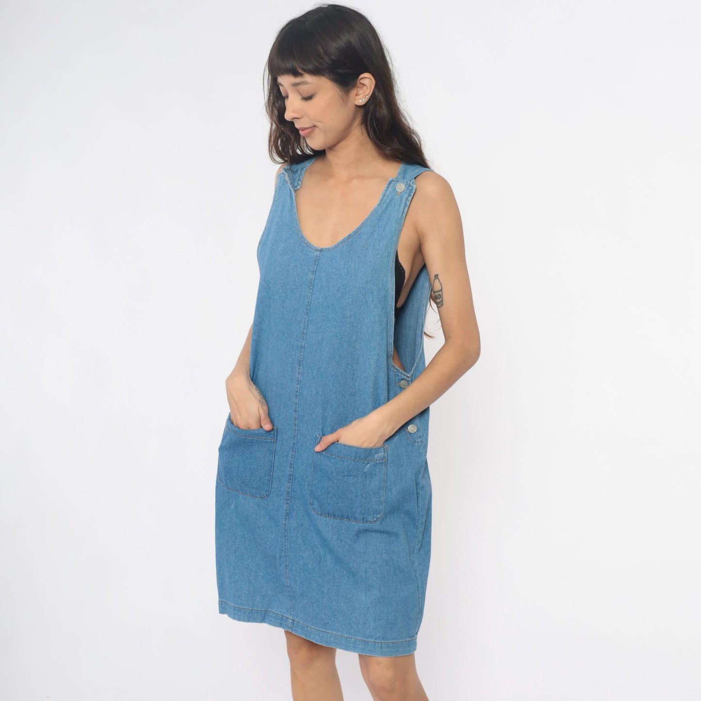 90s Fads Light Blue Denim Dress Sleeveless Side Button Shift Large L
