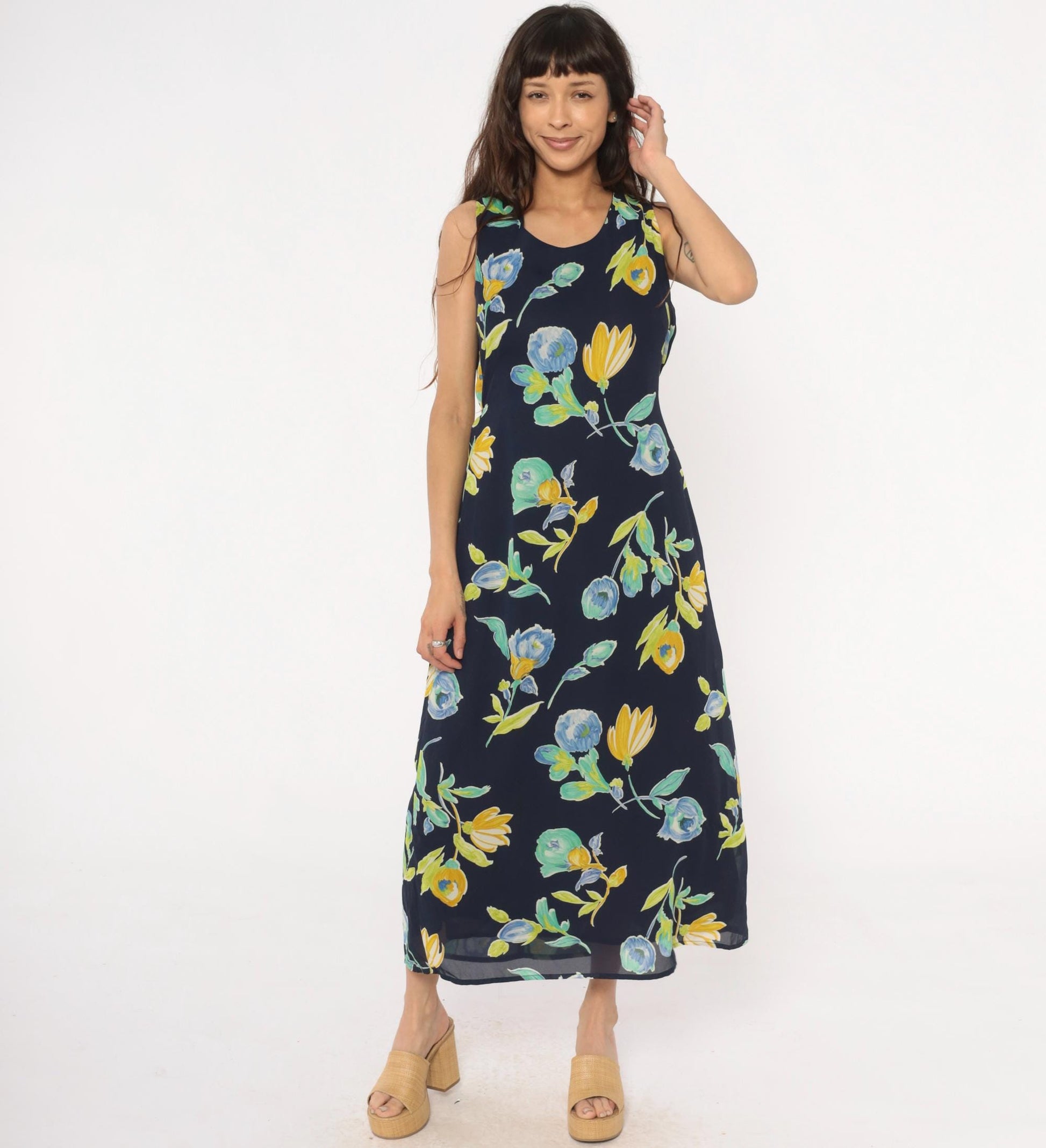 90s Bentley Floral Maxi Dress Navy Blue Yellow Green Scoop Neck Large L