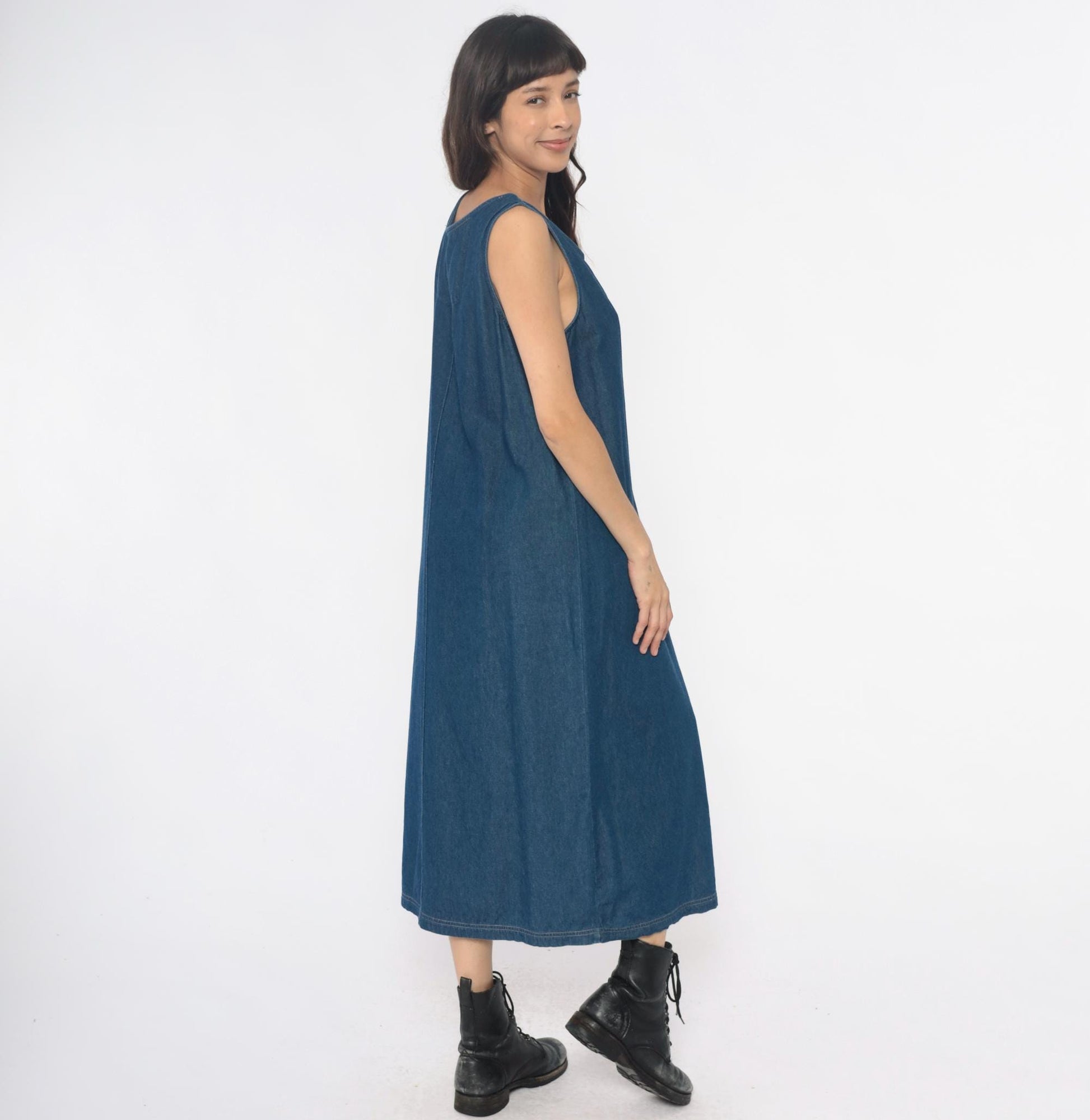 90s Blue Denim Maxi Dress Floral Butterfly Painted Tank Sleeveless Large L