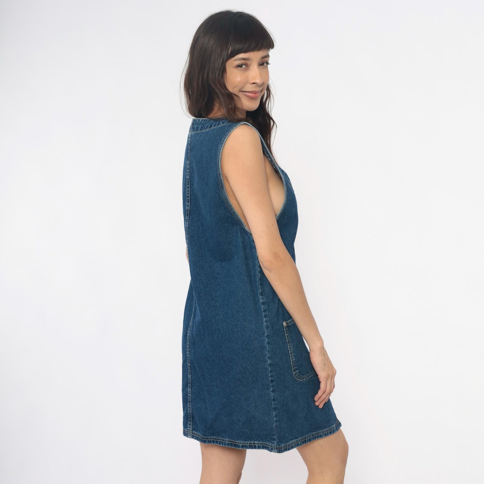 90s JL NY Sport Denim Mini Dress Floral Embroidery Blue Small