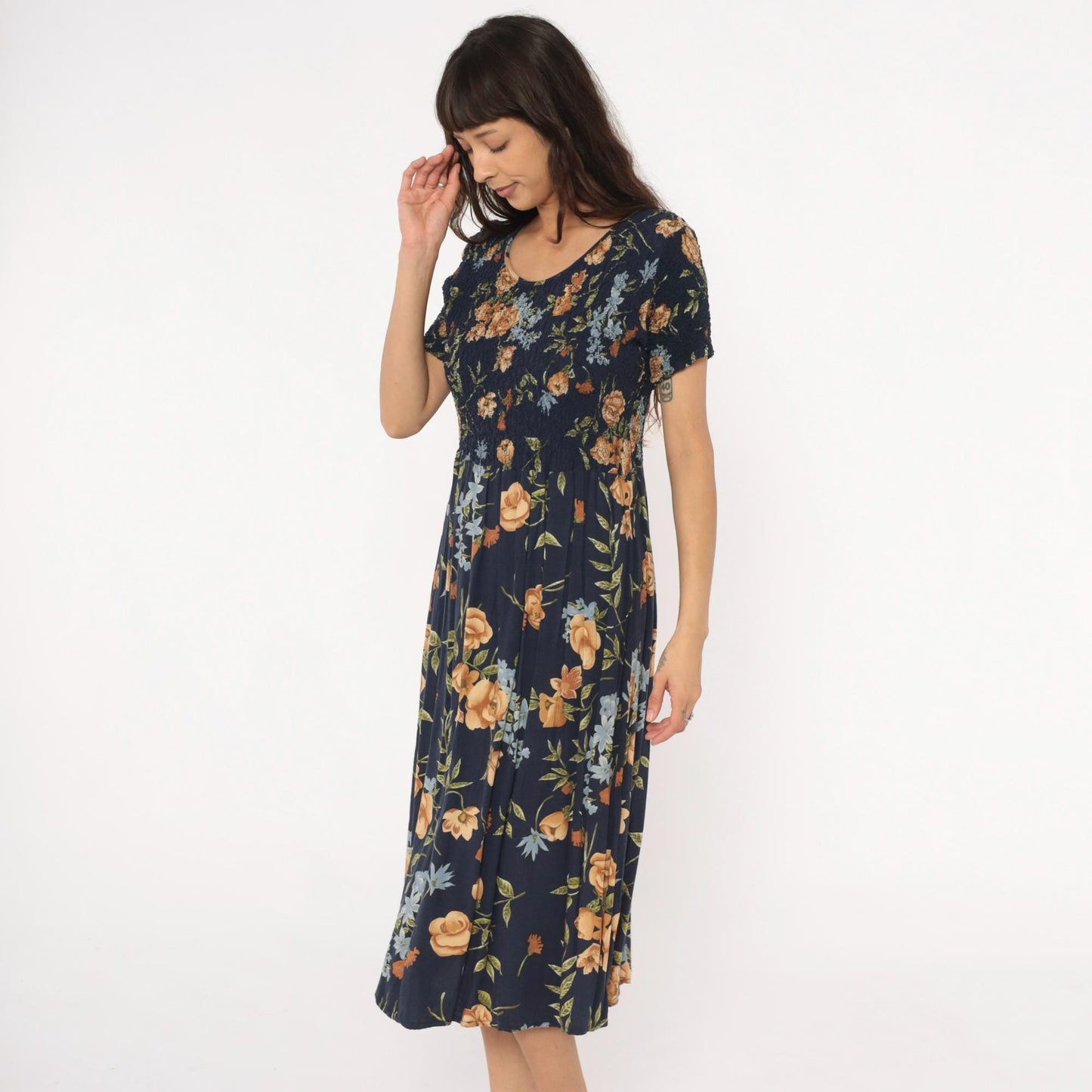 90s Impressions Navy Floral Midi Dress Smocked Empire Waist Short Sleeve Large L