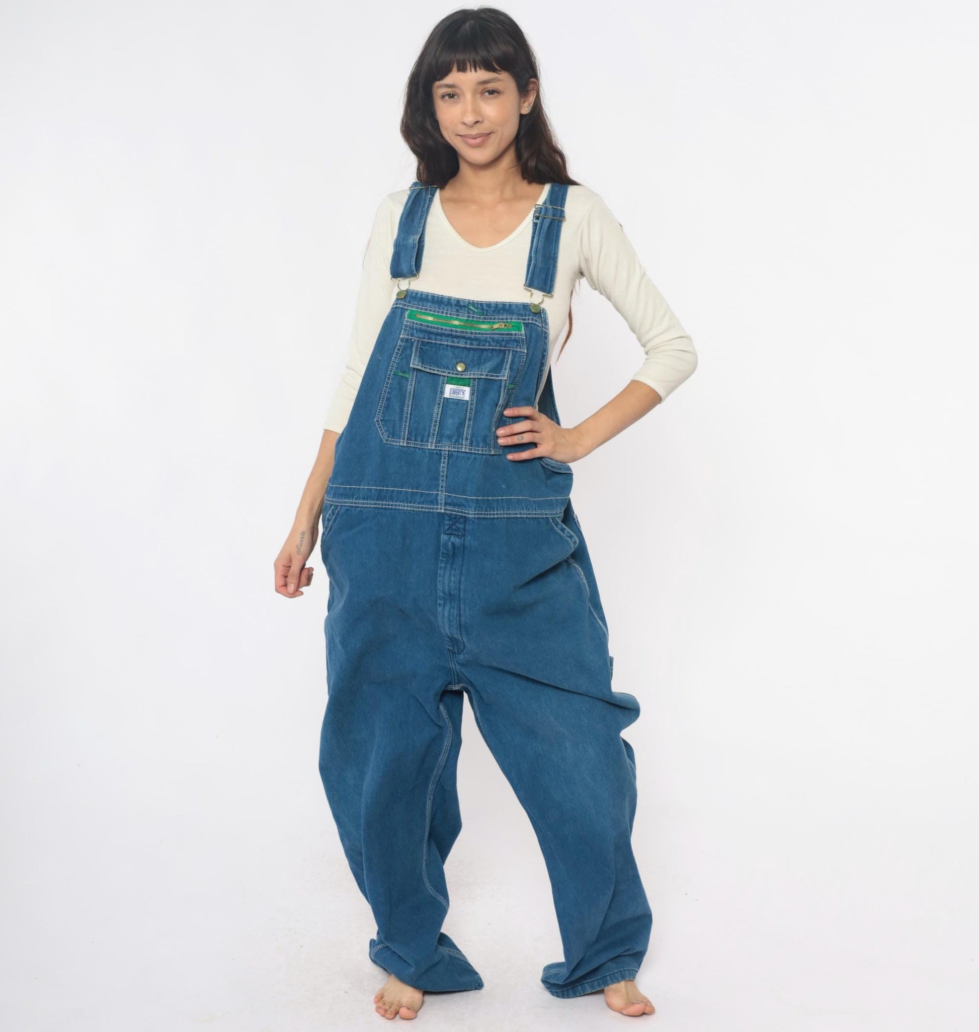 Y2K Liberty Denim Overalls Medium Blue Green Stitching Carpenter Jumpsuit