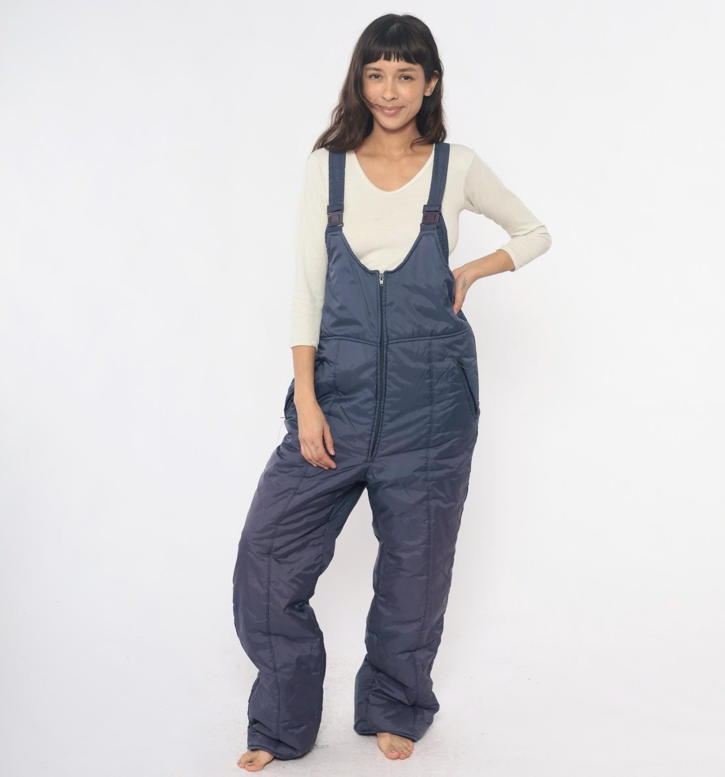 80s Sunshine Mountain Navy Ski Bib Overalls Insulated Nylon Large L