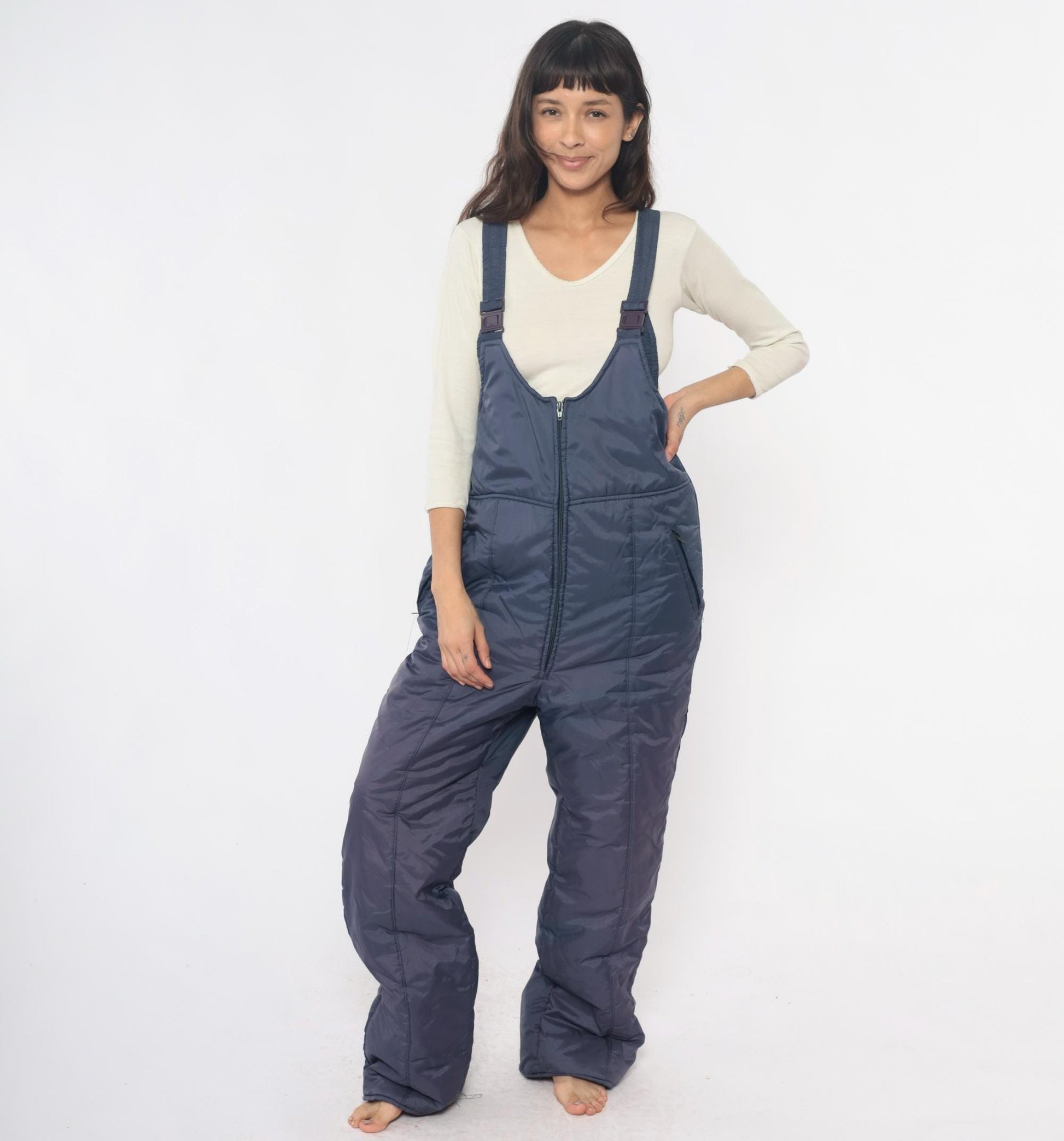 80s Sunshine Mountain Navy Ski Bib Overalls Insulated Nylon Large L
