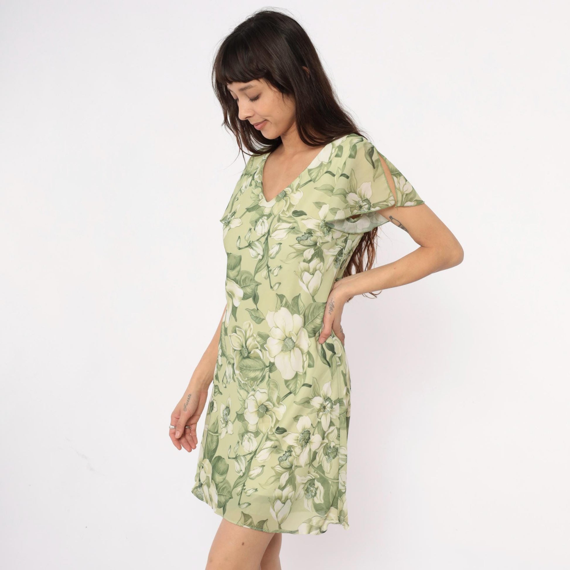 90s Green Magnolia Floral Dress V-Neck Flutter Sleeve A-Line Medium