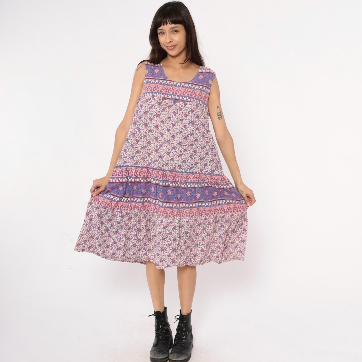 90s La Cera Floral Cotton Maxi Dress Purple Pink Scoop Neck Extra Large XXL