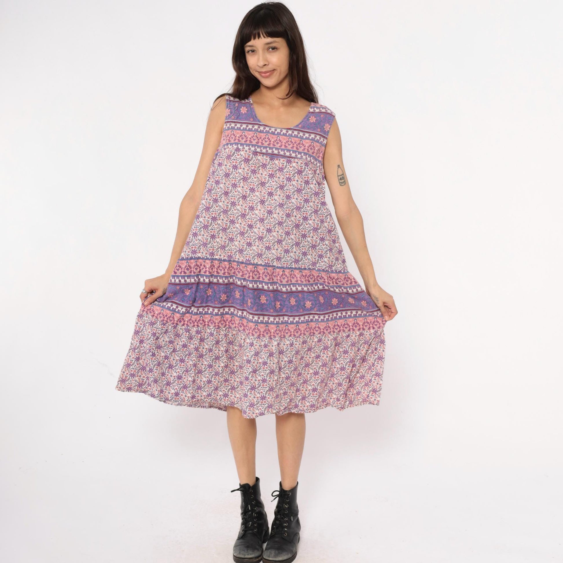 90s La Cera Floral Cotton Maxi Dress Purple Pink Scoop Neck Extra Large XXL