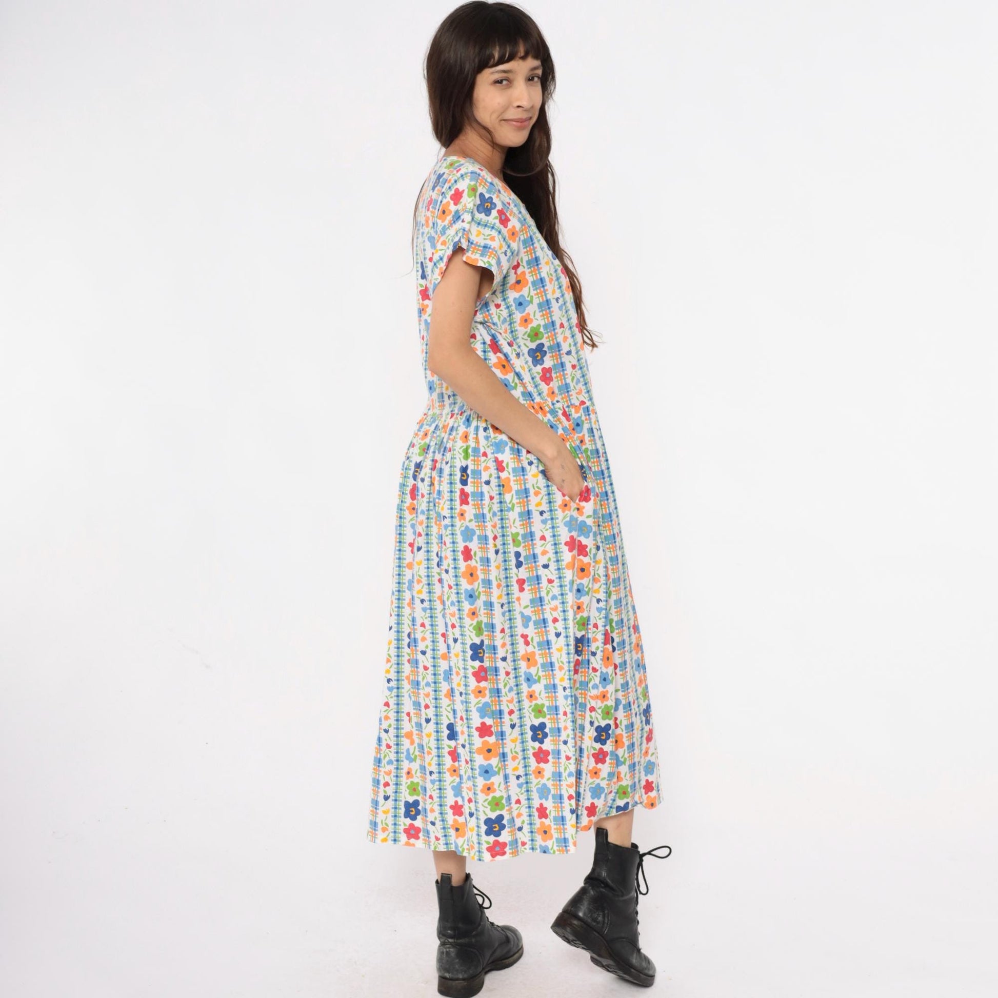 80s Chandni Floral Maxi Dress Button Front Drop Waist Multicolor Large L