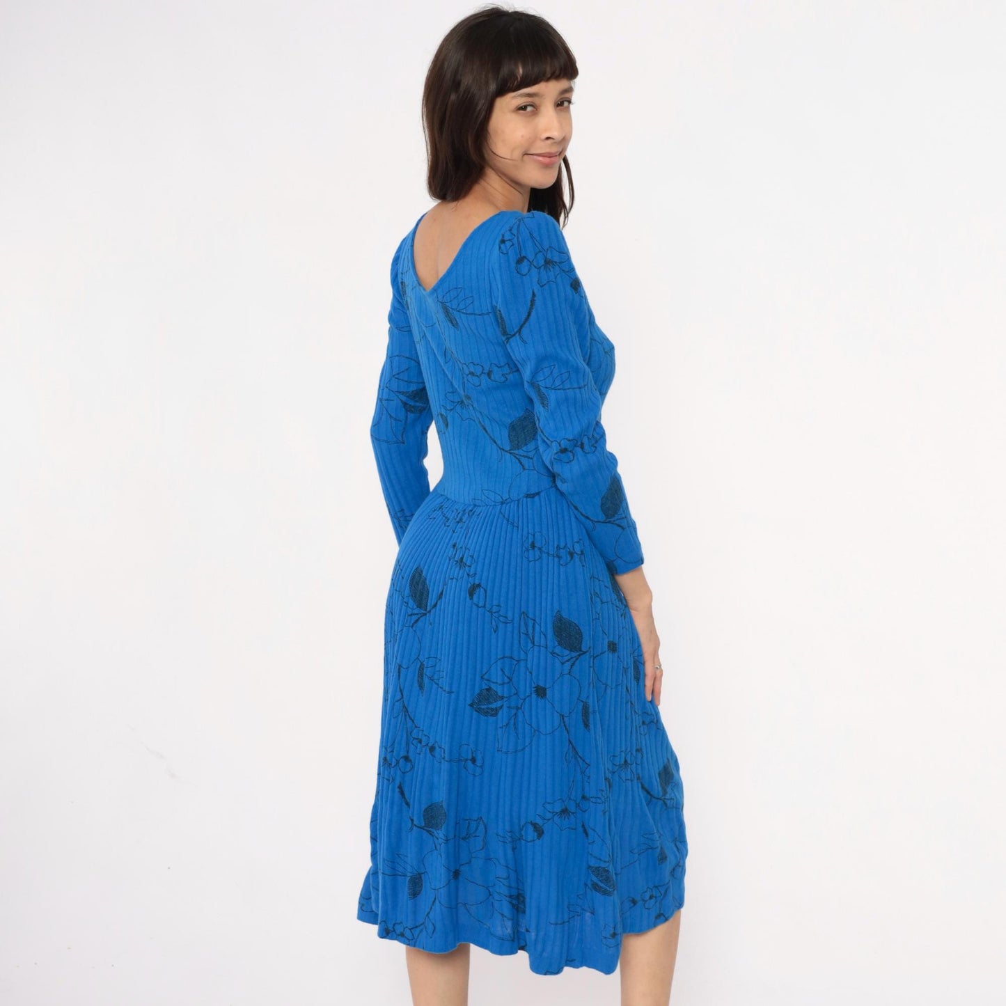 80s Blue Floral Midi Dress Gathered Shoulder Scoop Neckline Small