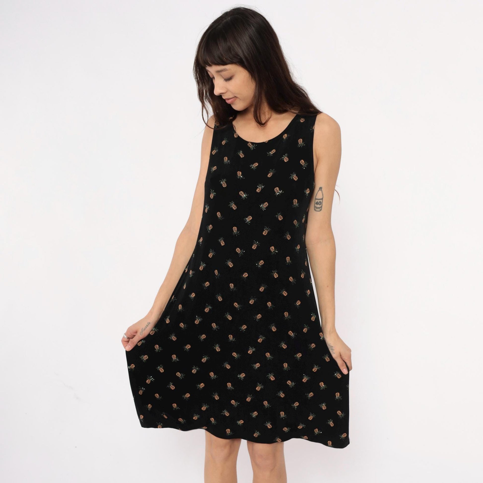 90s Ronni Nicole Pineapple Print Black Shift Dress Medium