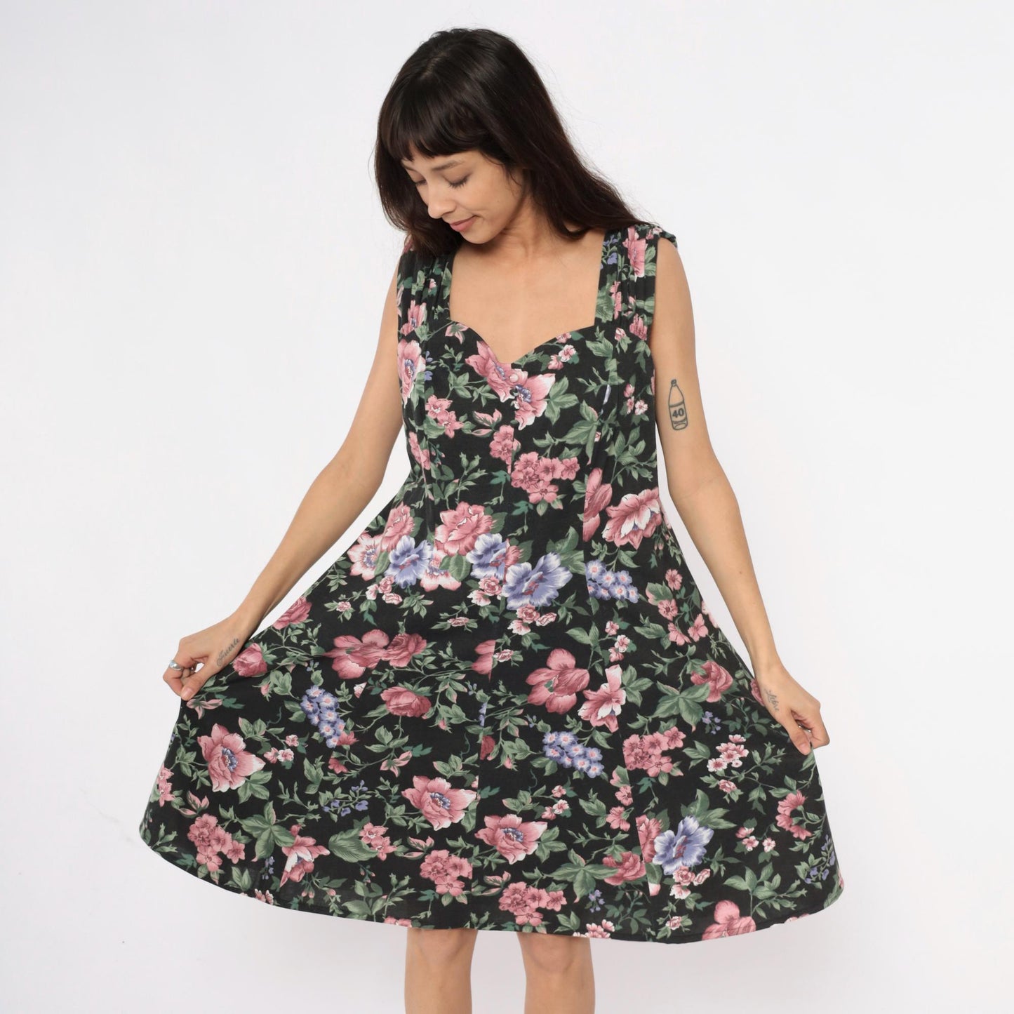 90s Floral Knee-Length Dress Black Pink Roses Blue Flowers Large L