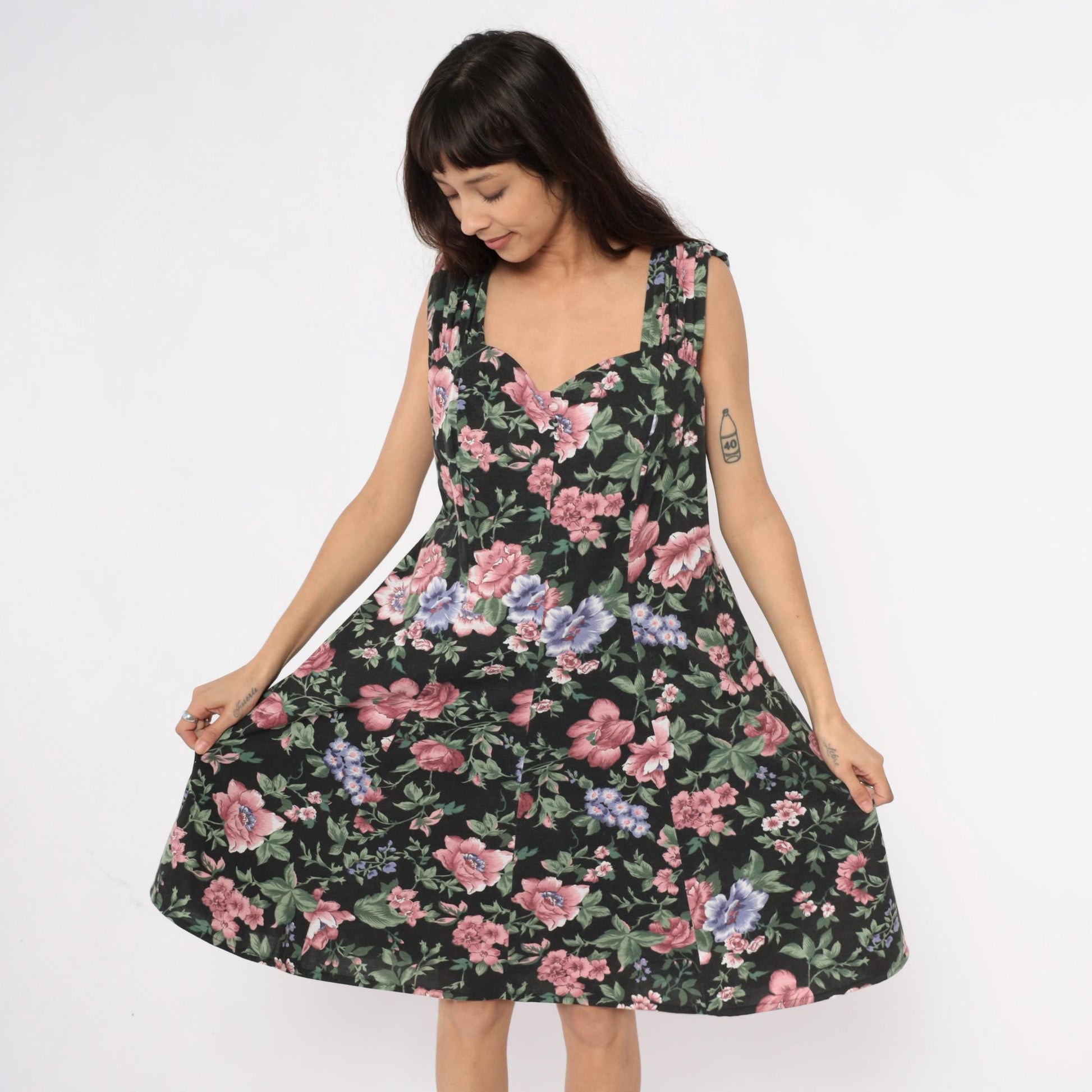90s Floral Knee-Length Dress Black Pink Roses Blue Flowers Large L