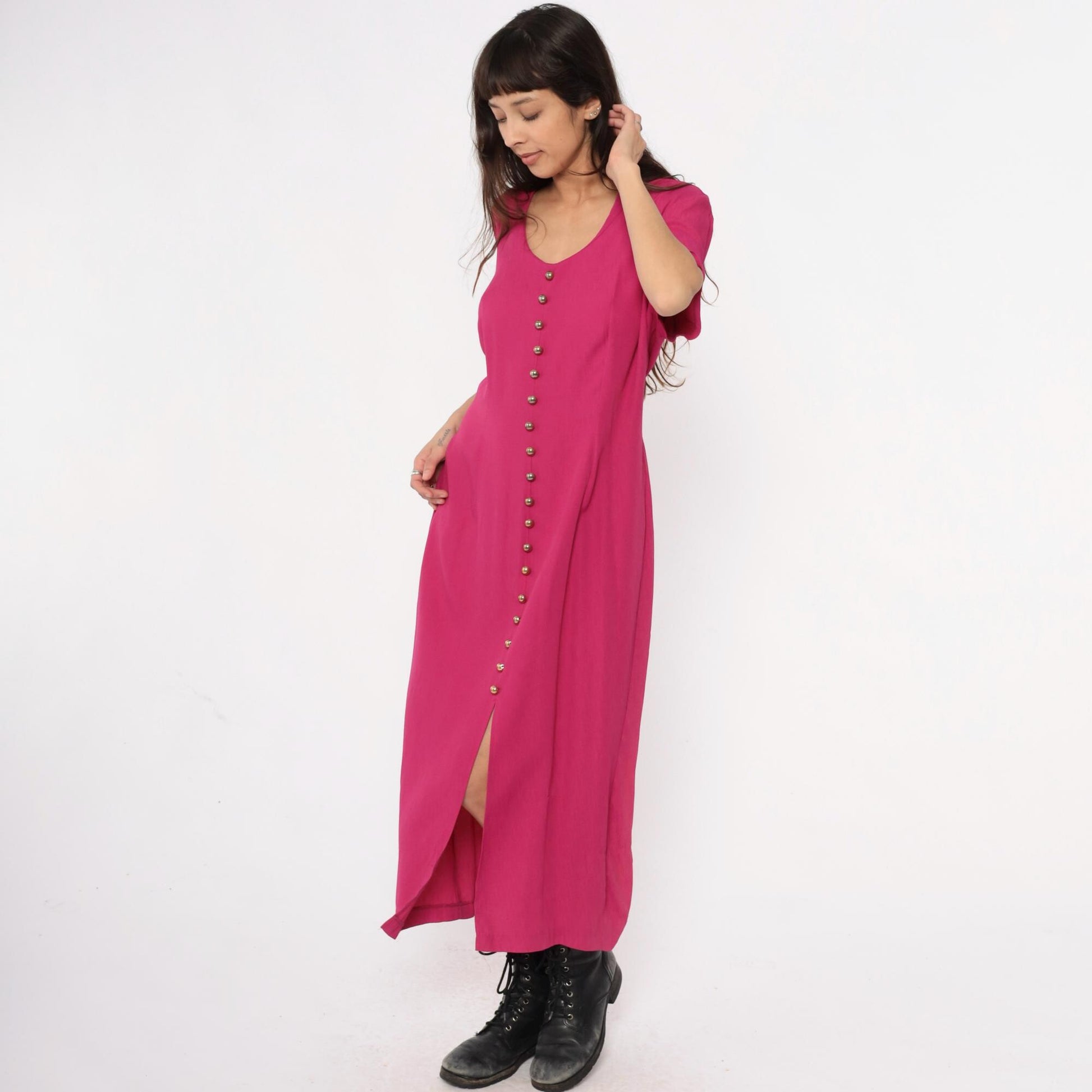 90s Nina Piccalino Hot Pink Maxi Dress V-Neck Button Front Large L