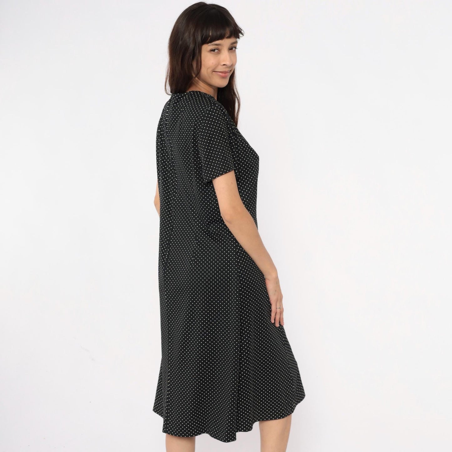 90s Black Polka Dot Midi Dress White V-Neck Short Sleeve Extra Large