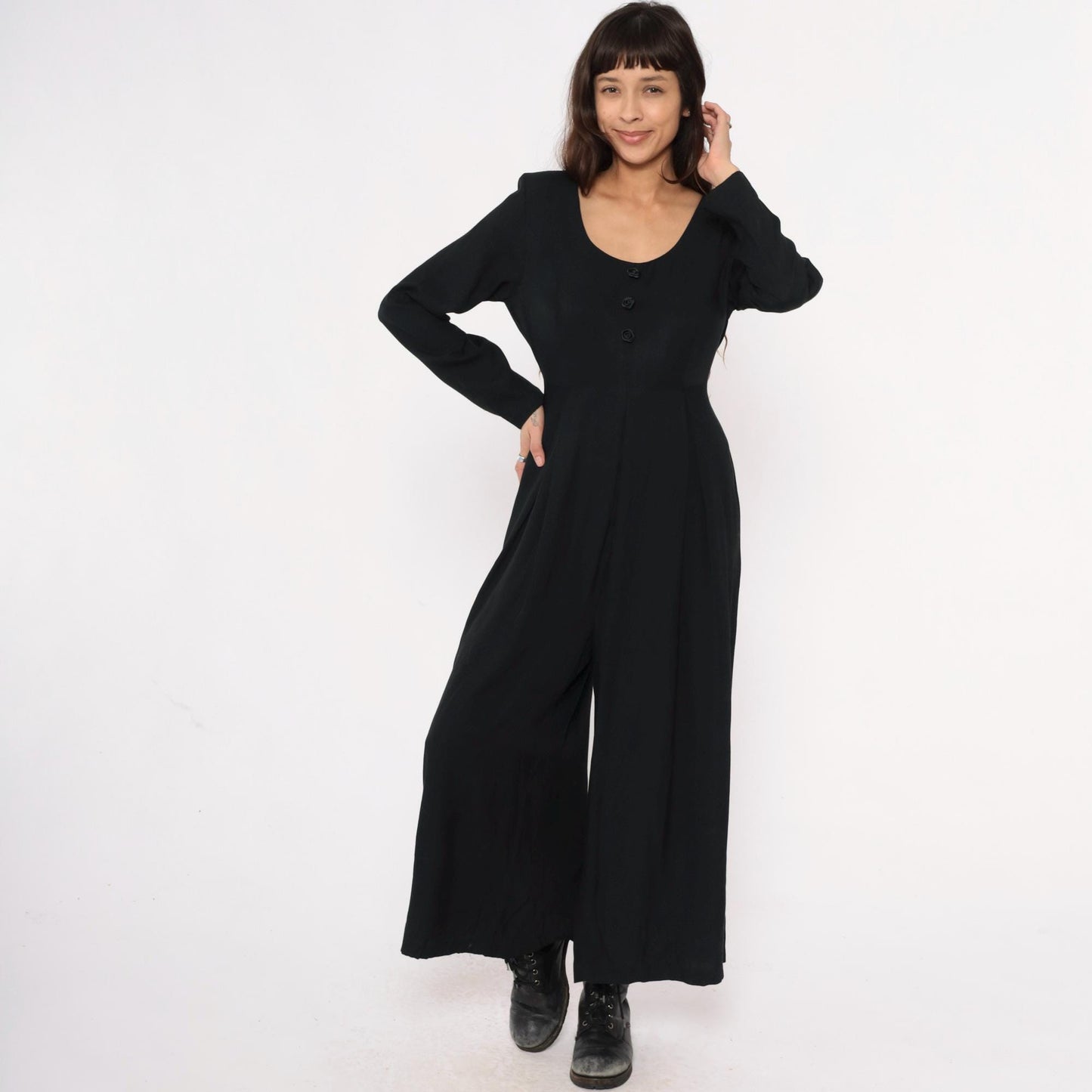 90s Express Black Wide-Leg Jumpsuit Tie Waist Long Sleeve Medium