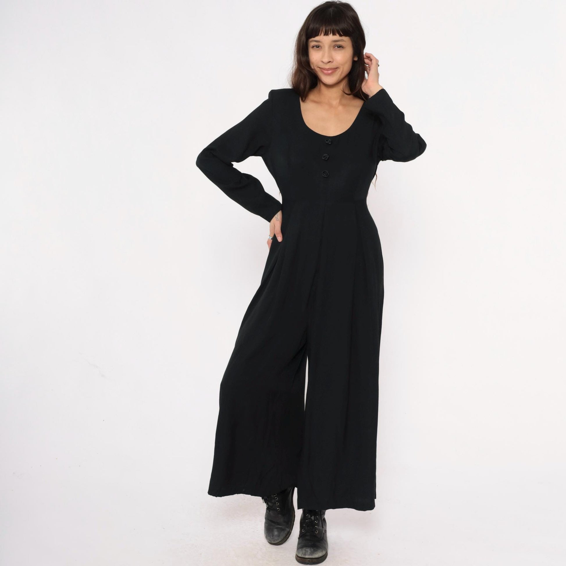 90s Express Black Wide-Leg Jumpsuit Tie Waist Long Sleeve Medium
