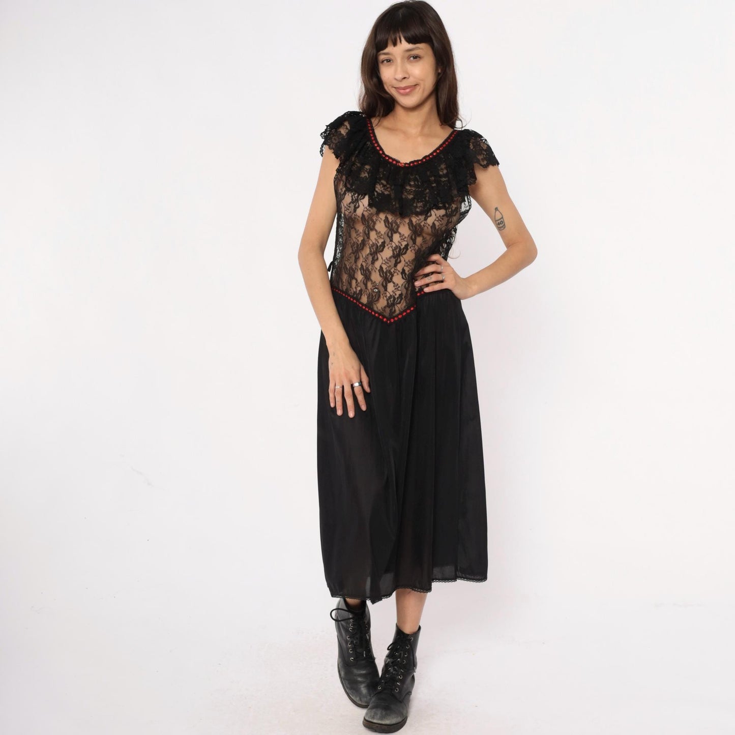 80s Stroke of Midnight Black Lace Nightgown Red Beaded Trim Maxi Large