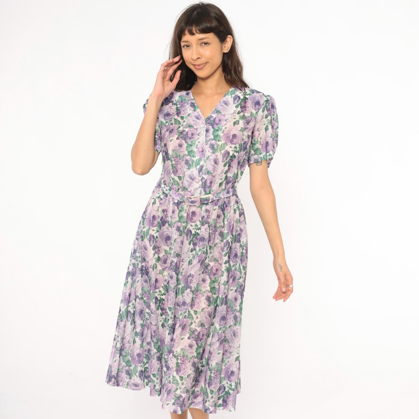 80s Anthony Richards Floral Midi Dress Purple Lavender Rose Puff Sleeve Large L
