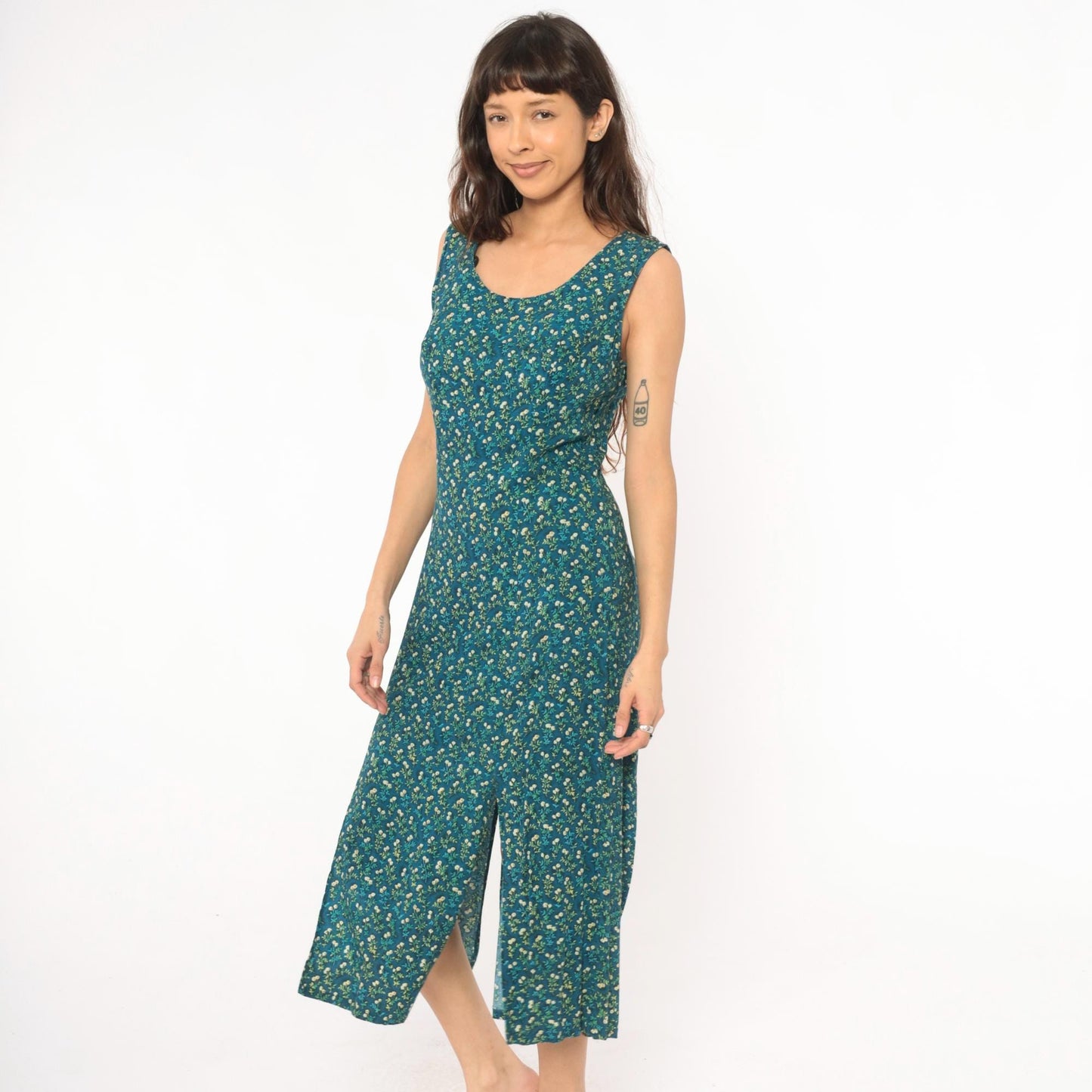 90s TR Bentley Floral Midi Dress Teal Sleeveless Scoop Neck Medium M