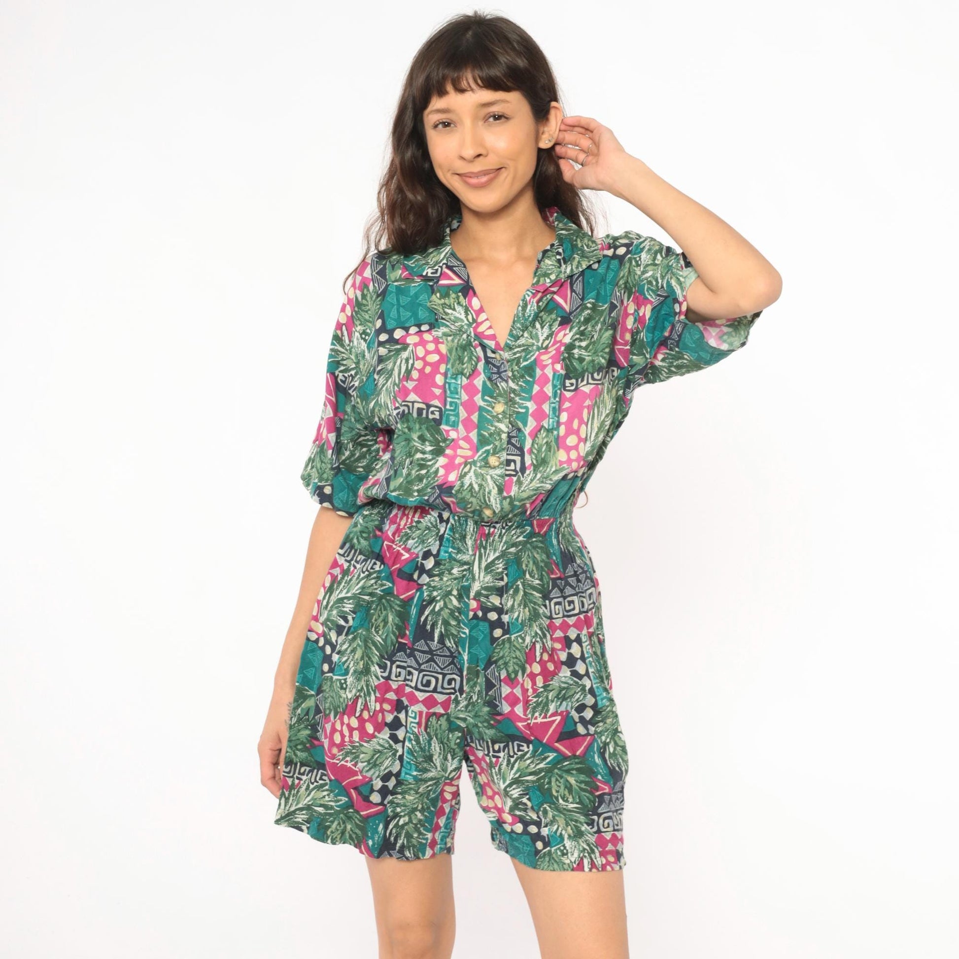 80s C.A. Sport Tropical Romper Green Magenta Leaf Print Button Front Small