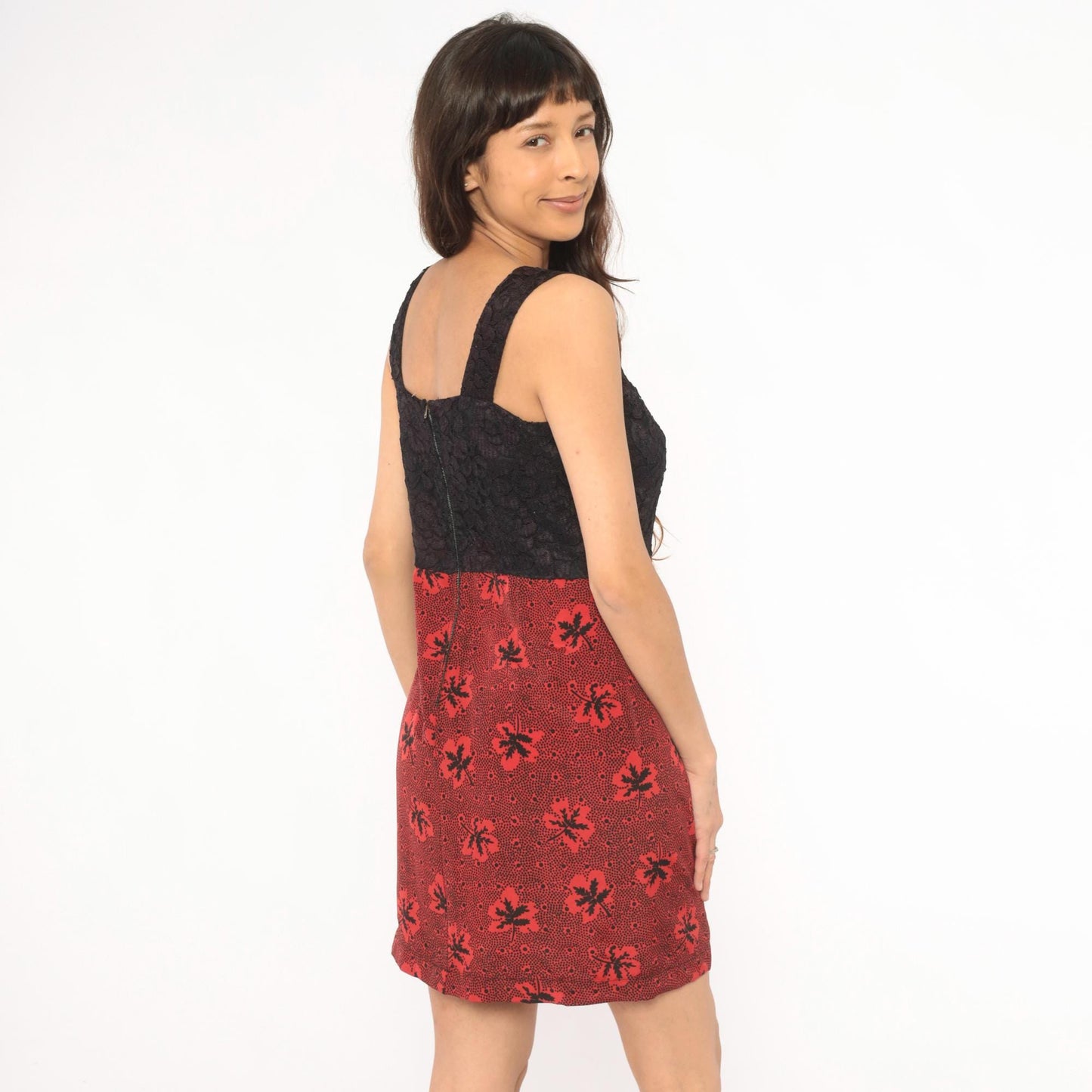 60s Colorblock Mini Dress Black Lace Bodice Red Leaf Print Empire Waist Small