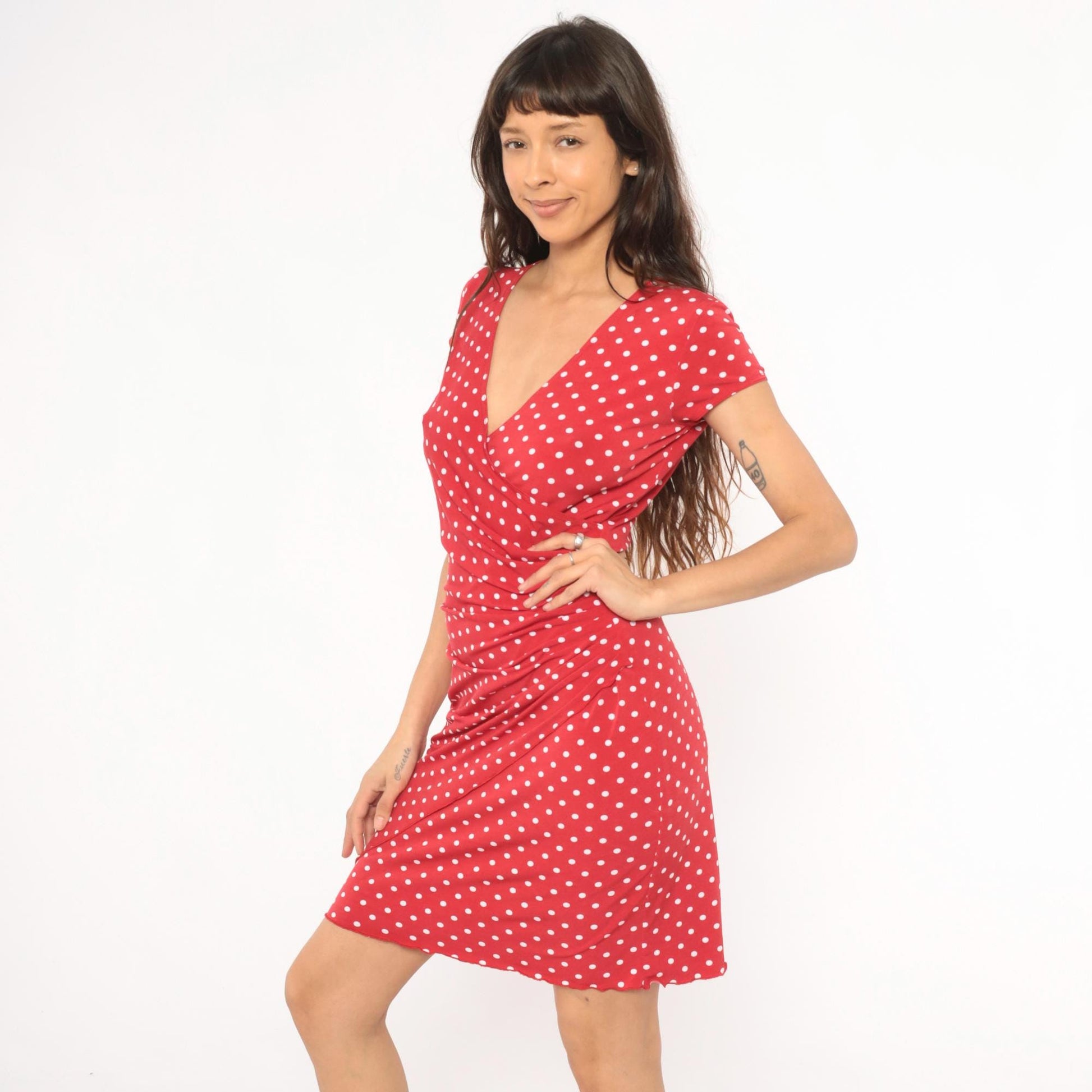 2000s Joseph Ribknoff Red Polka Dot Wrap Dress V Neck Cap Sleeve Small S