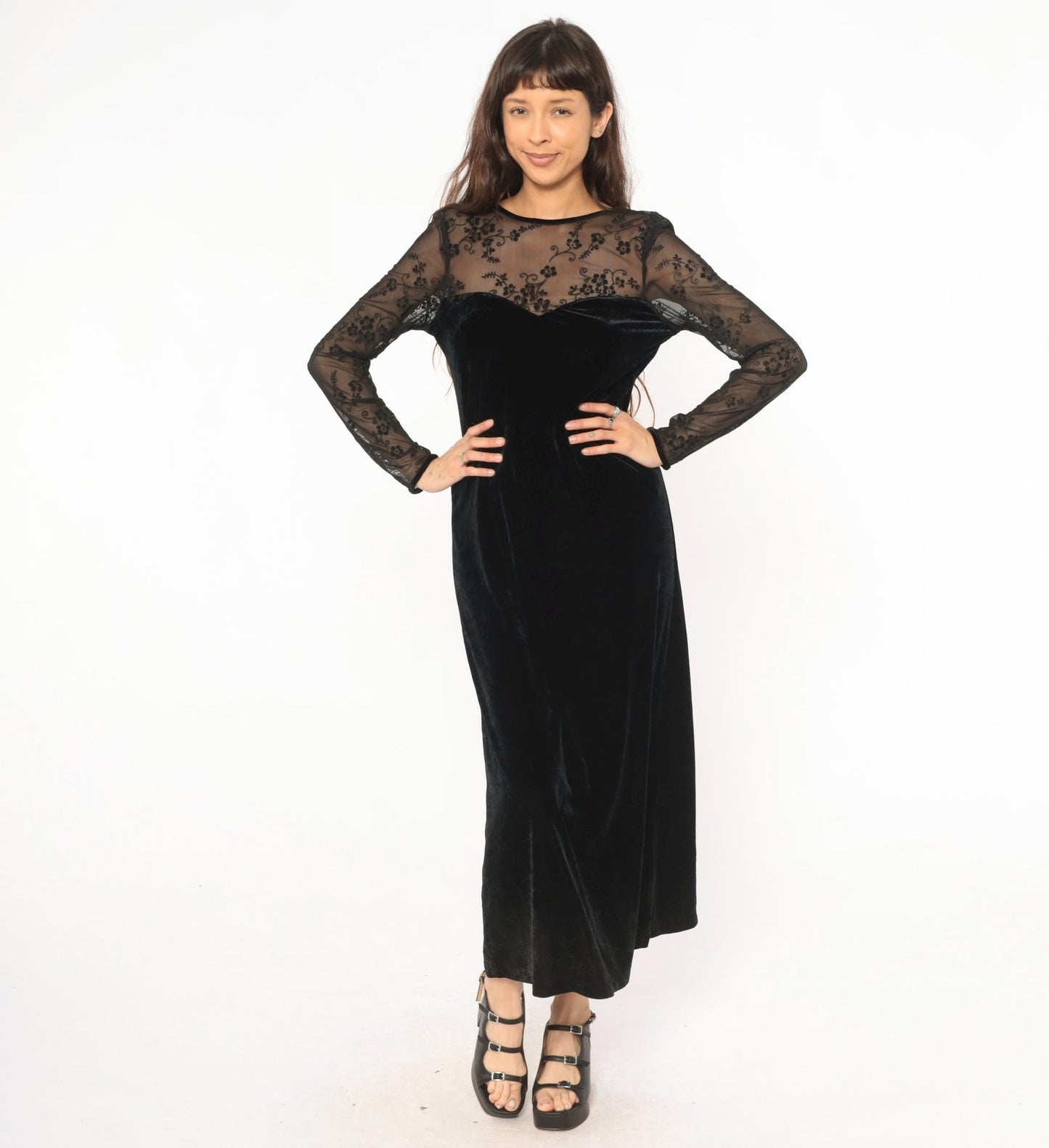 90s Kathie Lee Black Velvet Maxi Dress Embroidered Mesh Sweetheart V Back Small