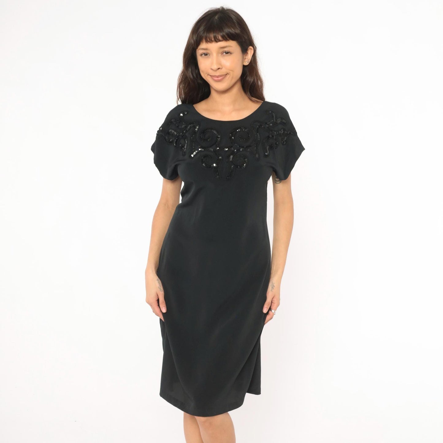 80s Susan Roselli Sequin Beaded Black Sheath Dress Scoop Neck Small S