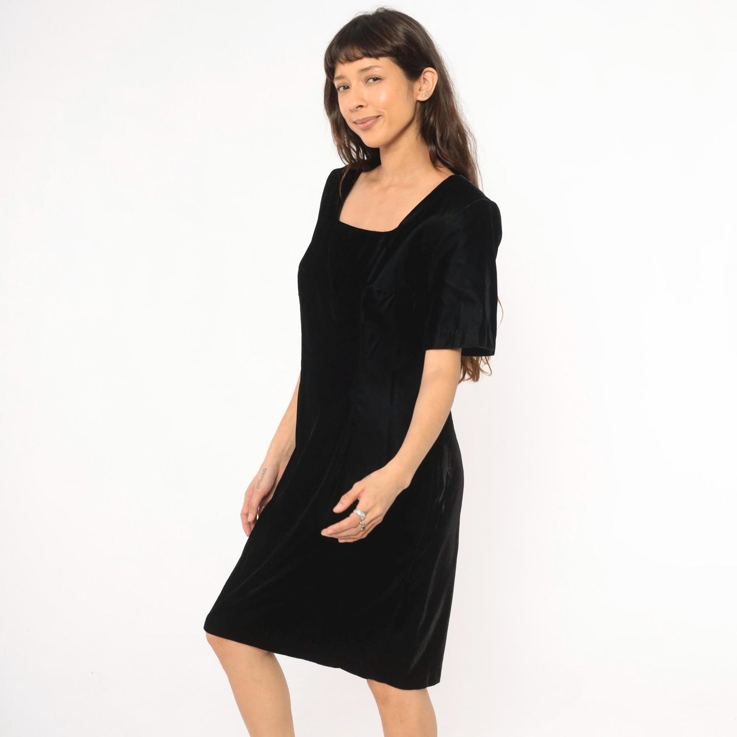 90s My Michelle Black Velvet Dress Square Neck Short Sleeve Knee Length Large L