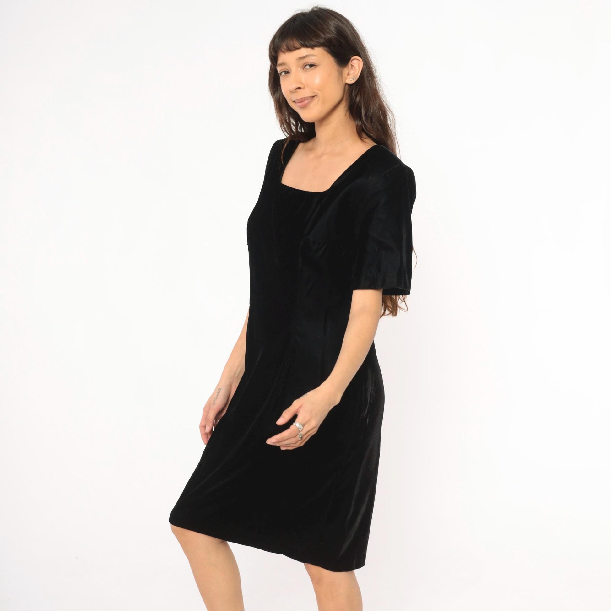 90s My Michelle Black Velvet Dress Square Neck Short Sleeve Knee Length Large L