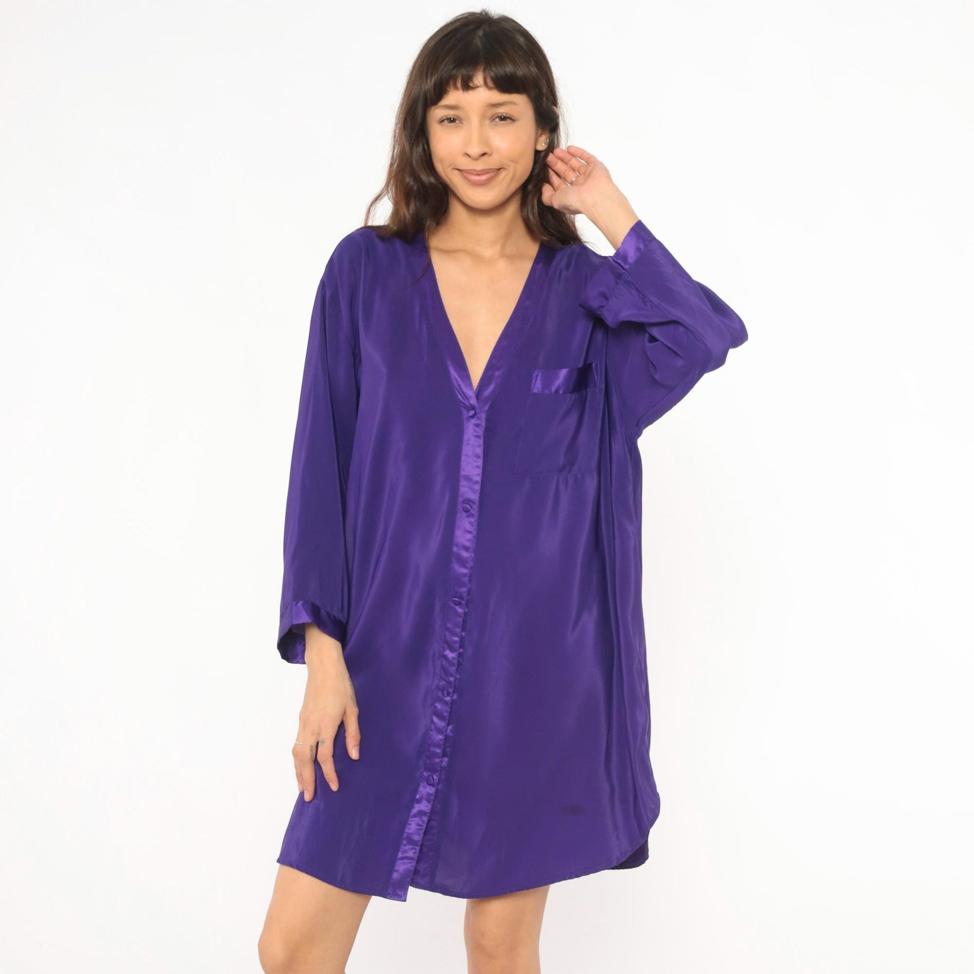 90s Beth Michaels Purple Satin Sleep Shirt Button Front V Neck Knee Length Large L