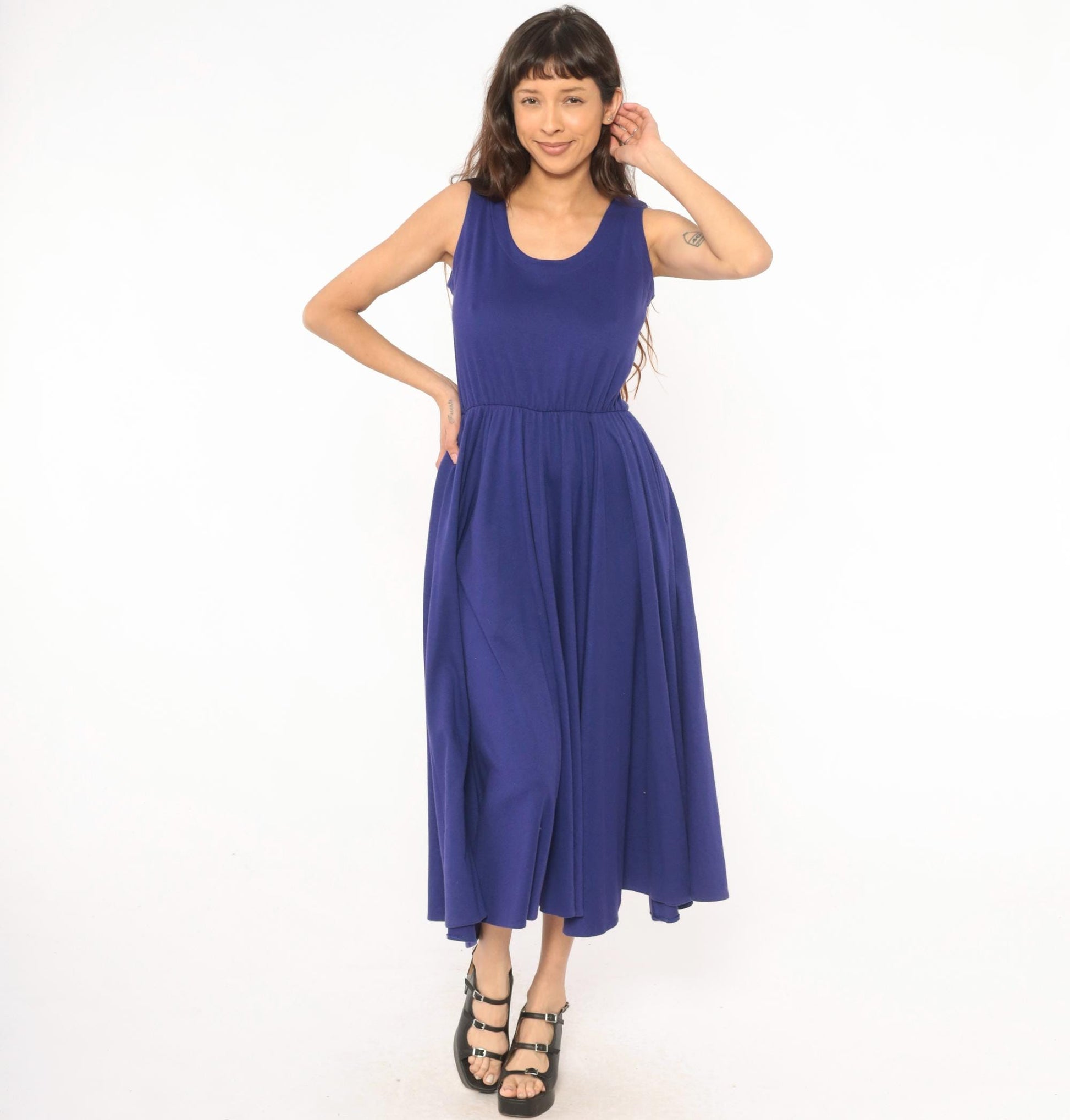 80s Rosemary Brantley Indigo Midi Sundress Scoop Neck Circle Skirt Large L